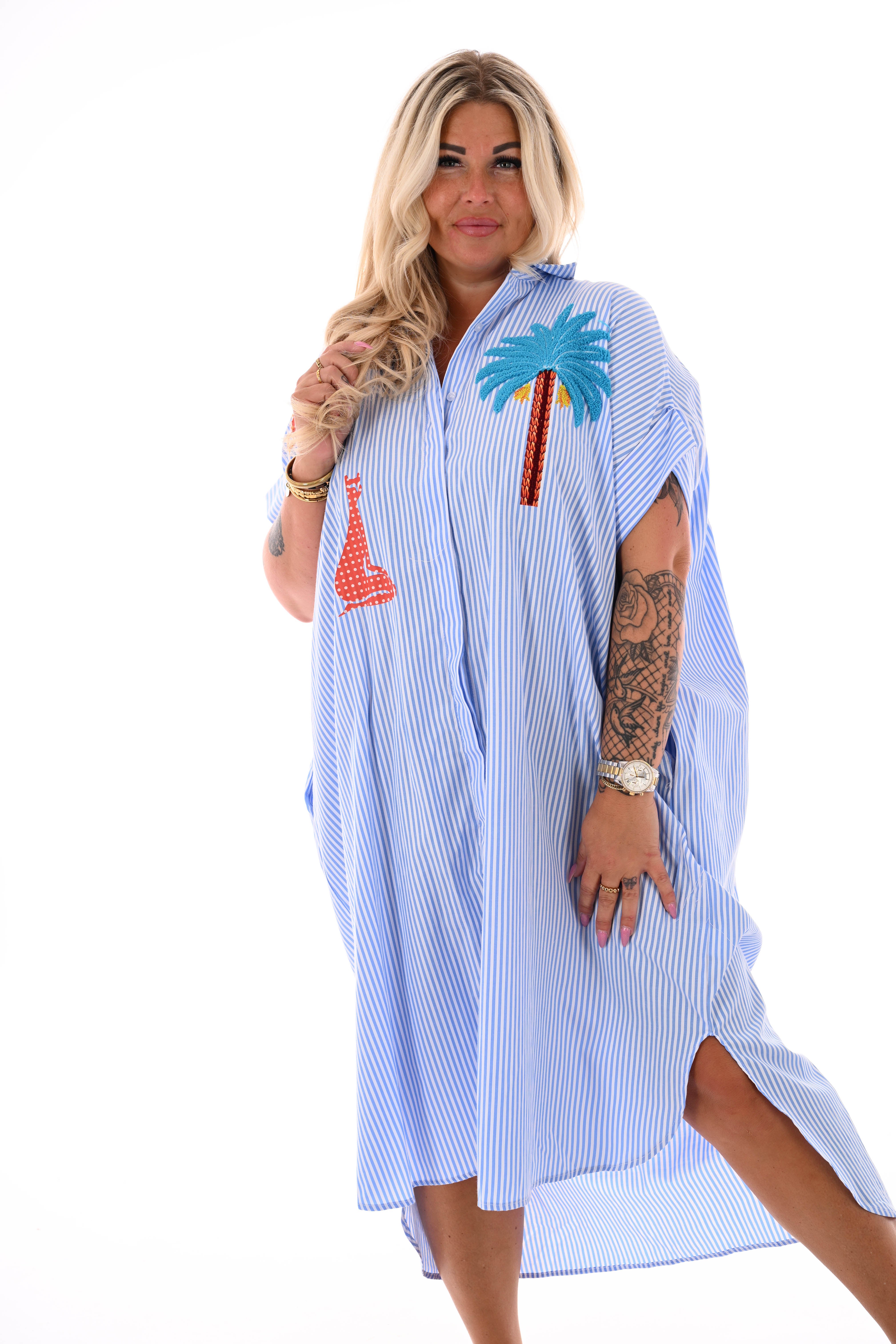 Blouse jurk fijne streepjes palmtree lichtblauw