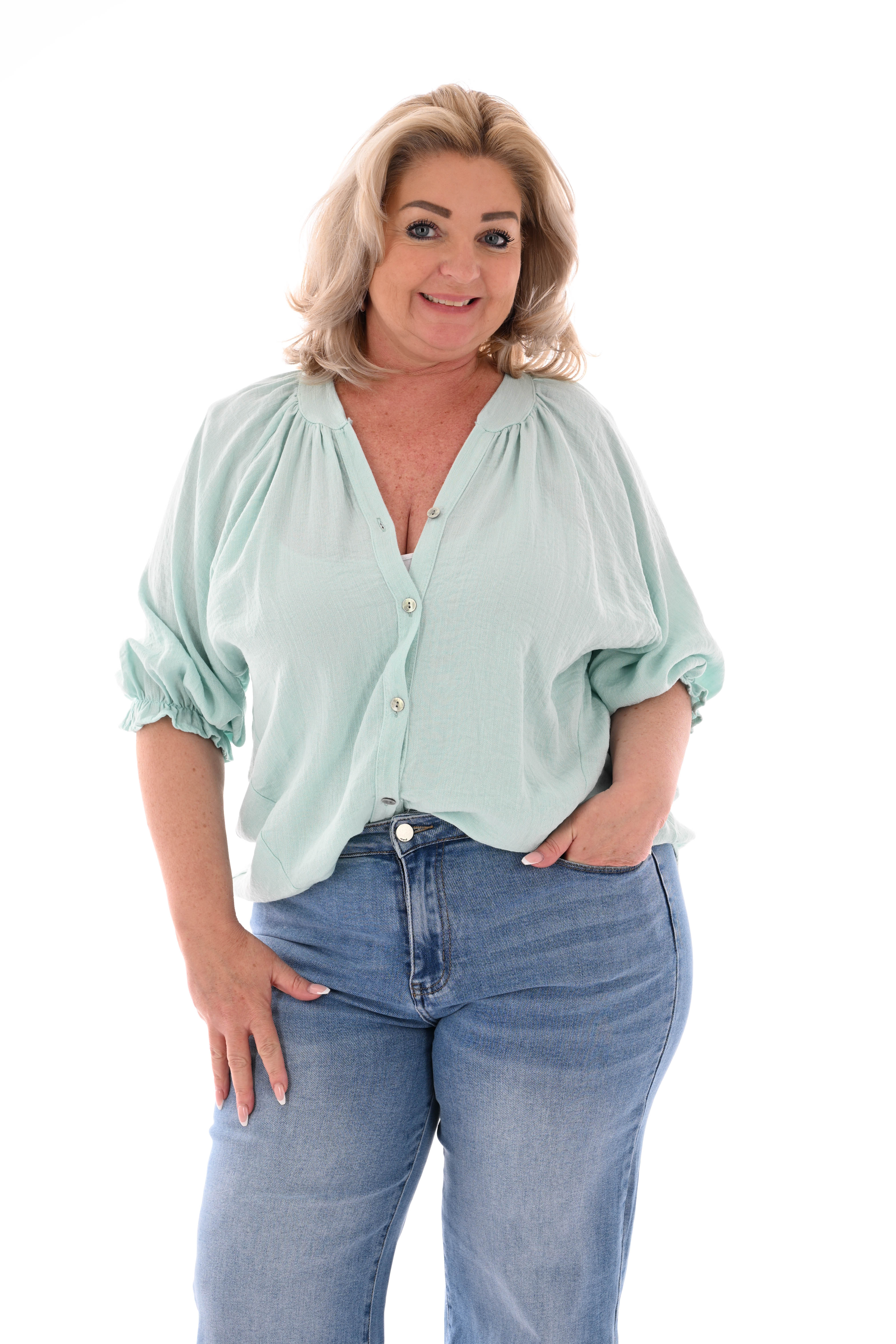 Blouse v-hals korte roezelmouwen mintgroen