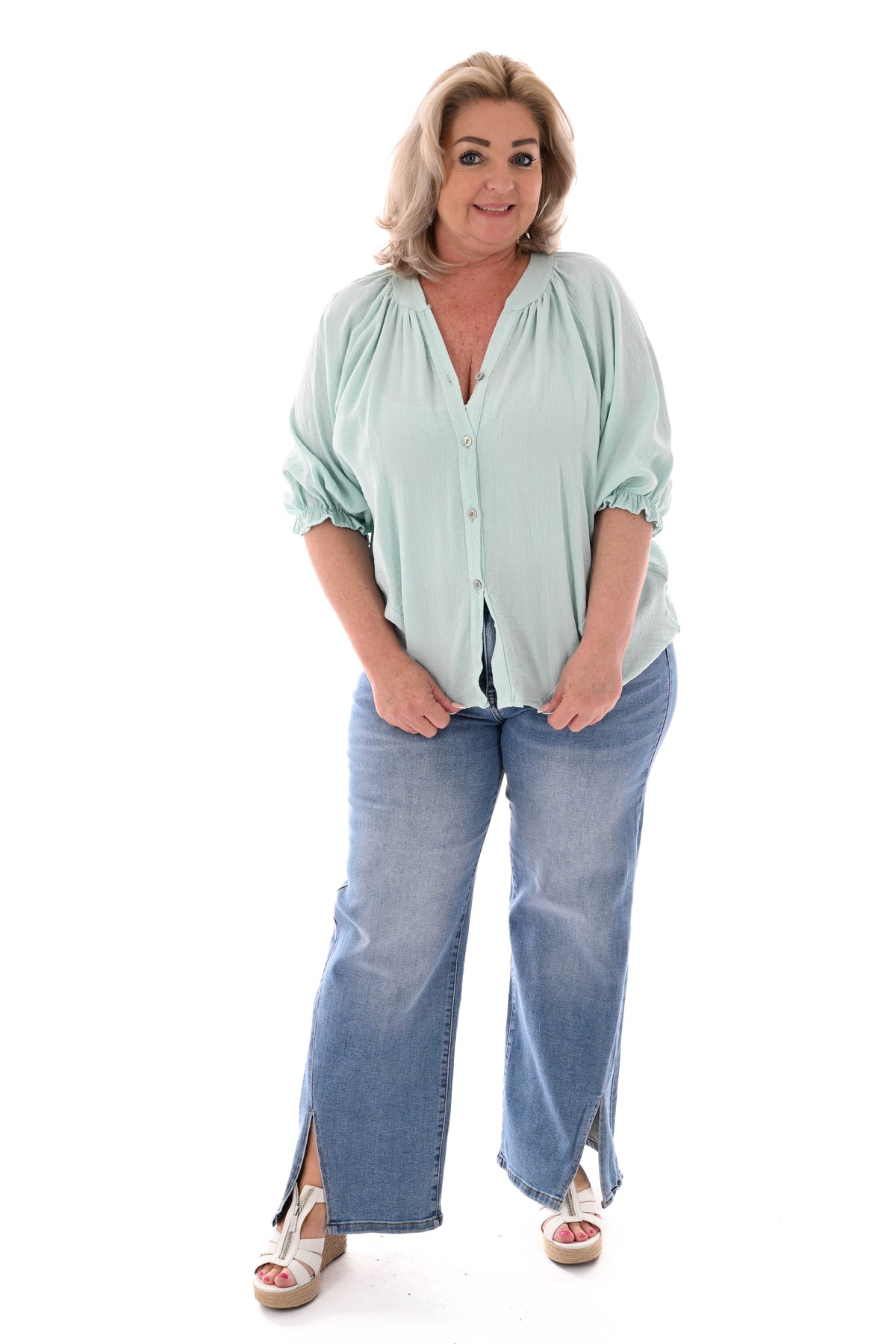 Blouse v-hals korte roezelmouwen mintgroen