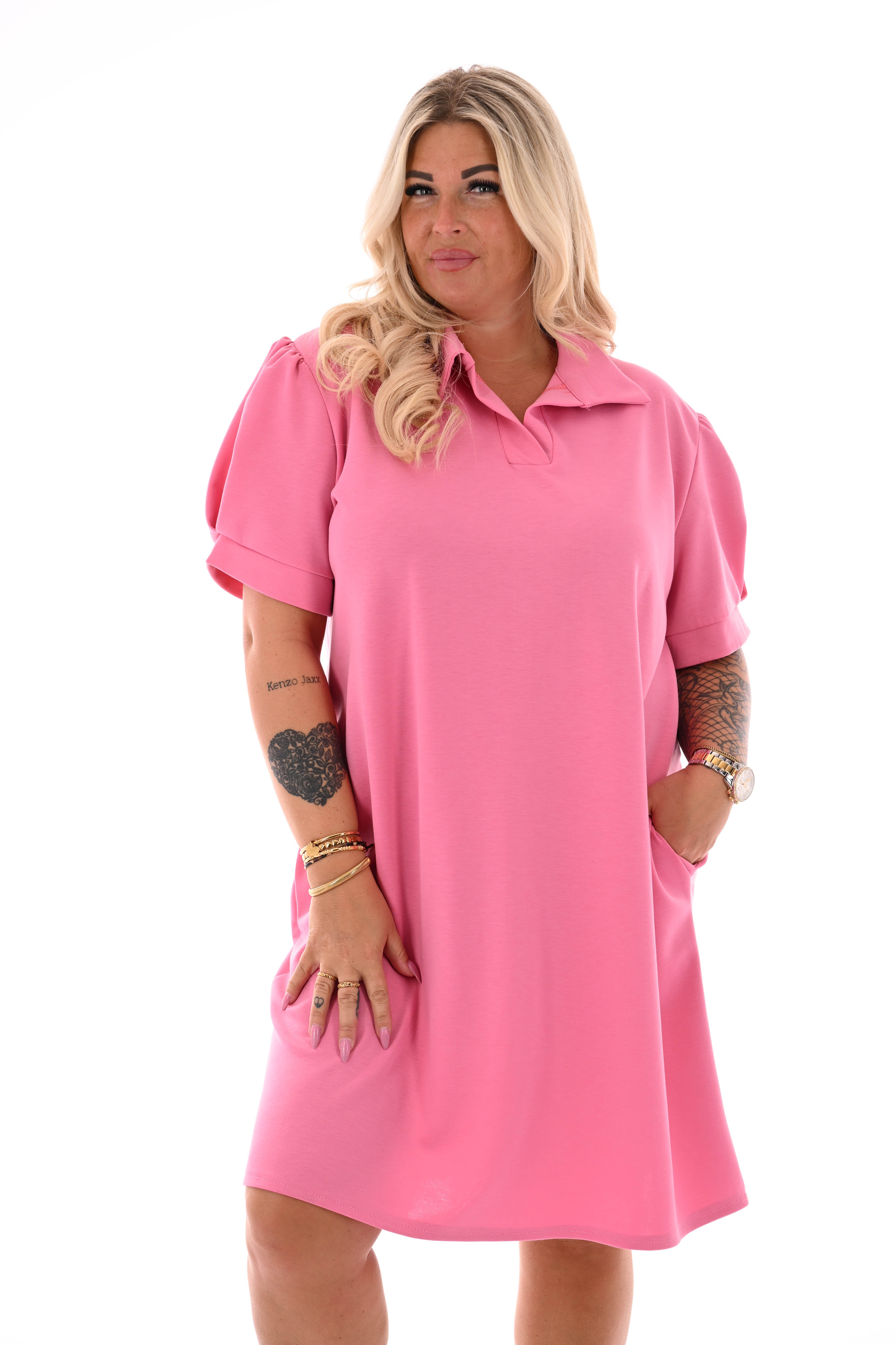 Sweaterdress korte pofmouwen uni roze