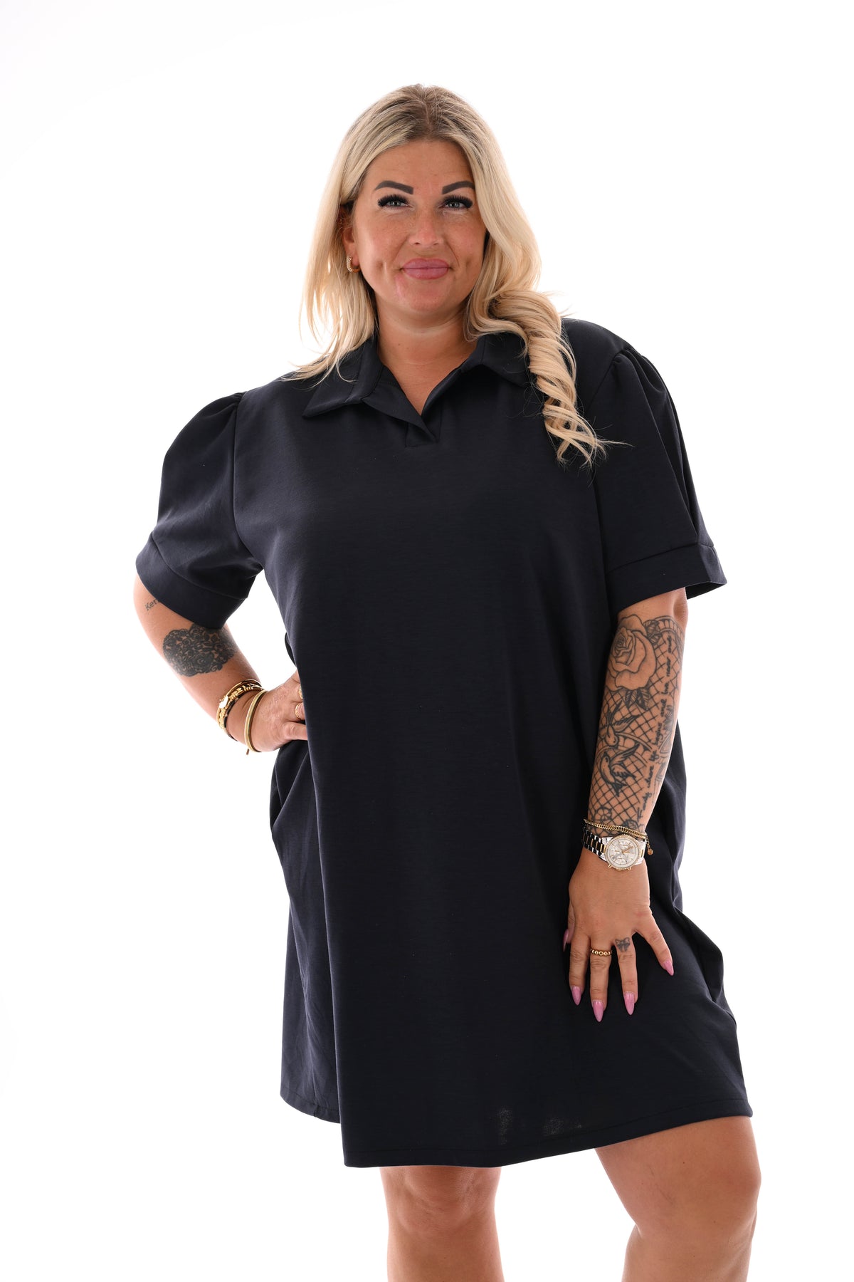 Sweaterdress korte pofmouwen uni marineblauw
