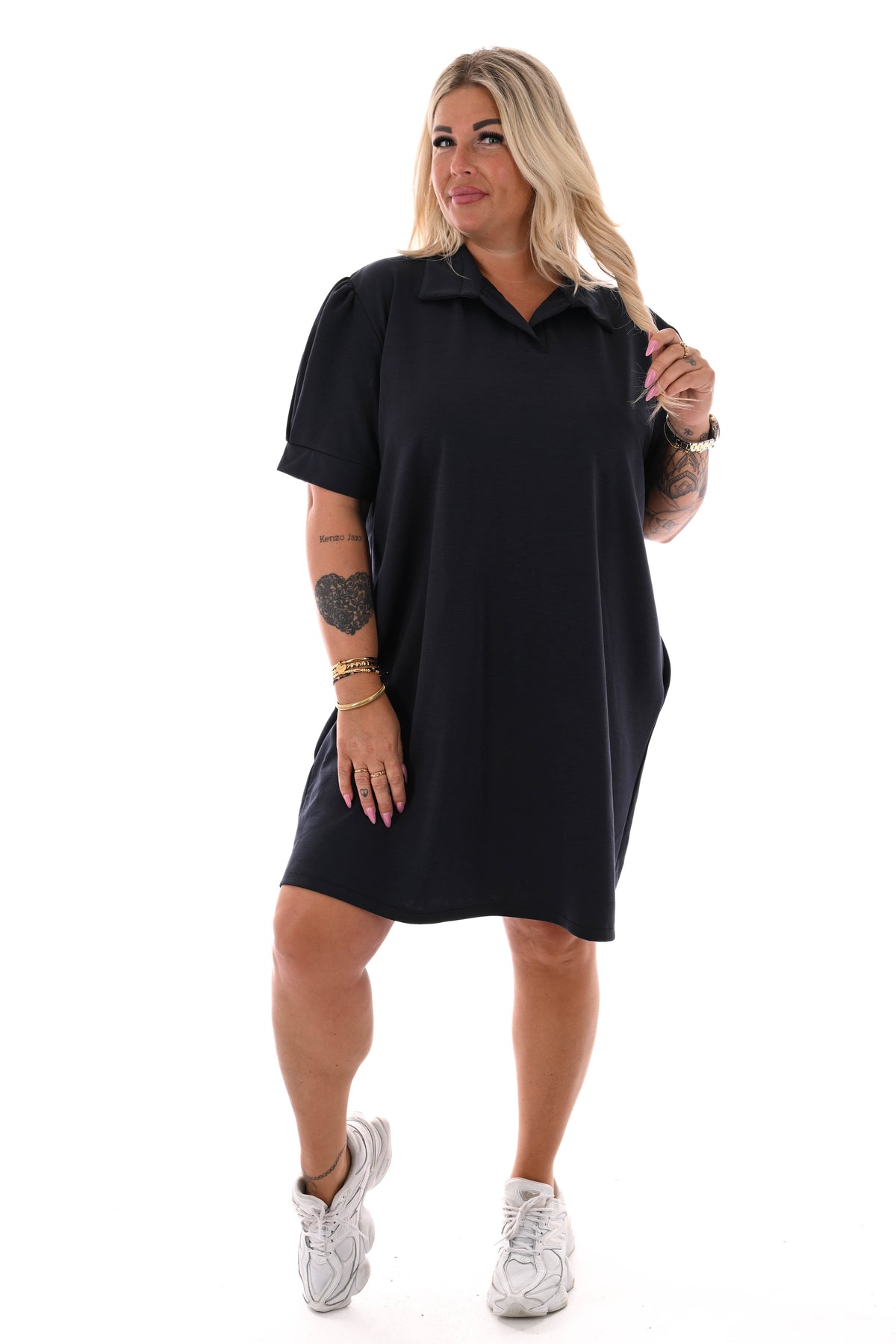 Sweaterdress korte pofmouwen uni marineblauw