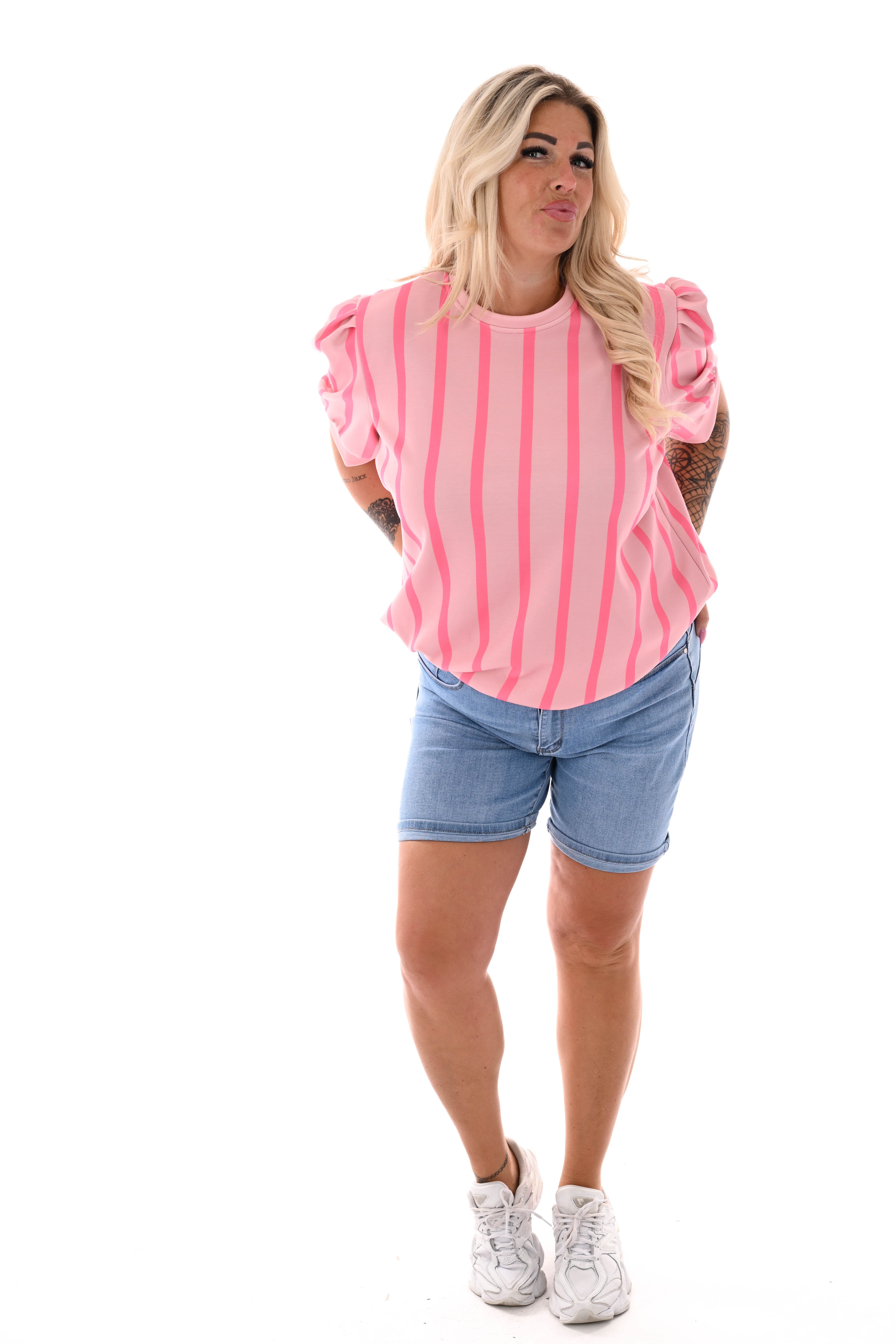 Sweater korte pofmouwen streep oudroze