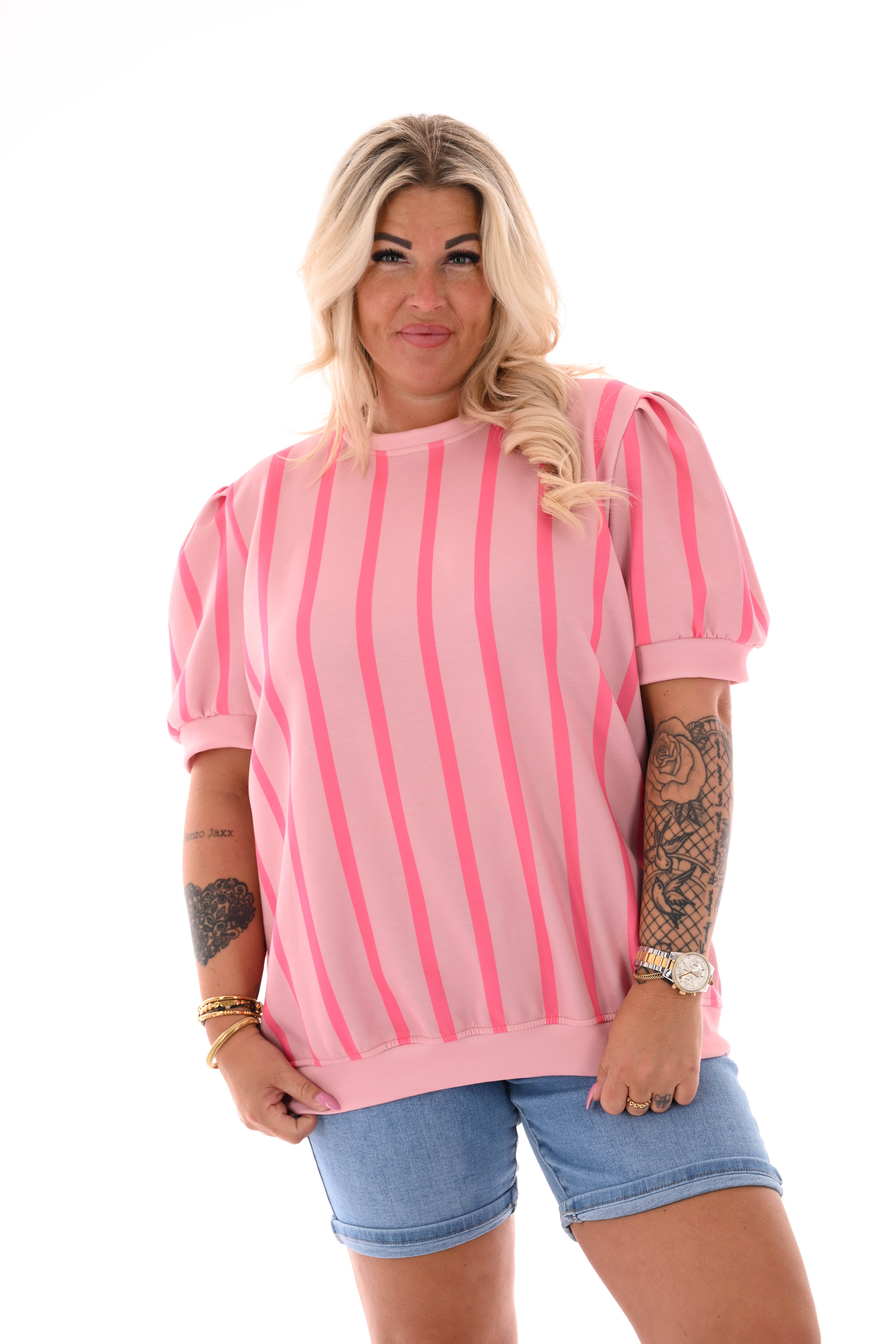 Sweater korte pofmouwen streep oudroze