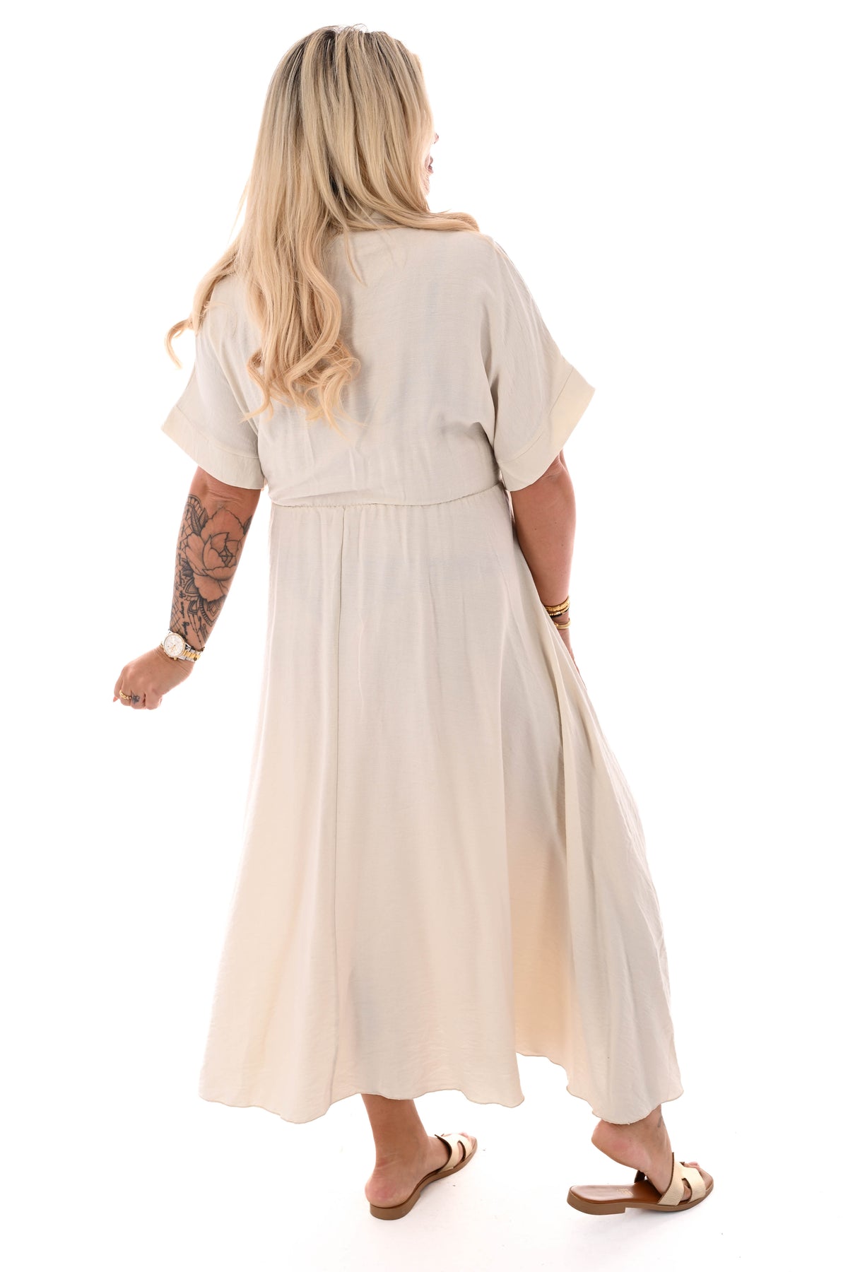 Maxi jurk overslag korte mouwen beige