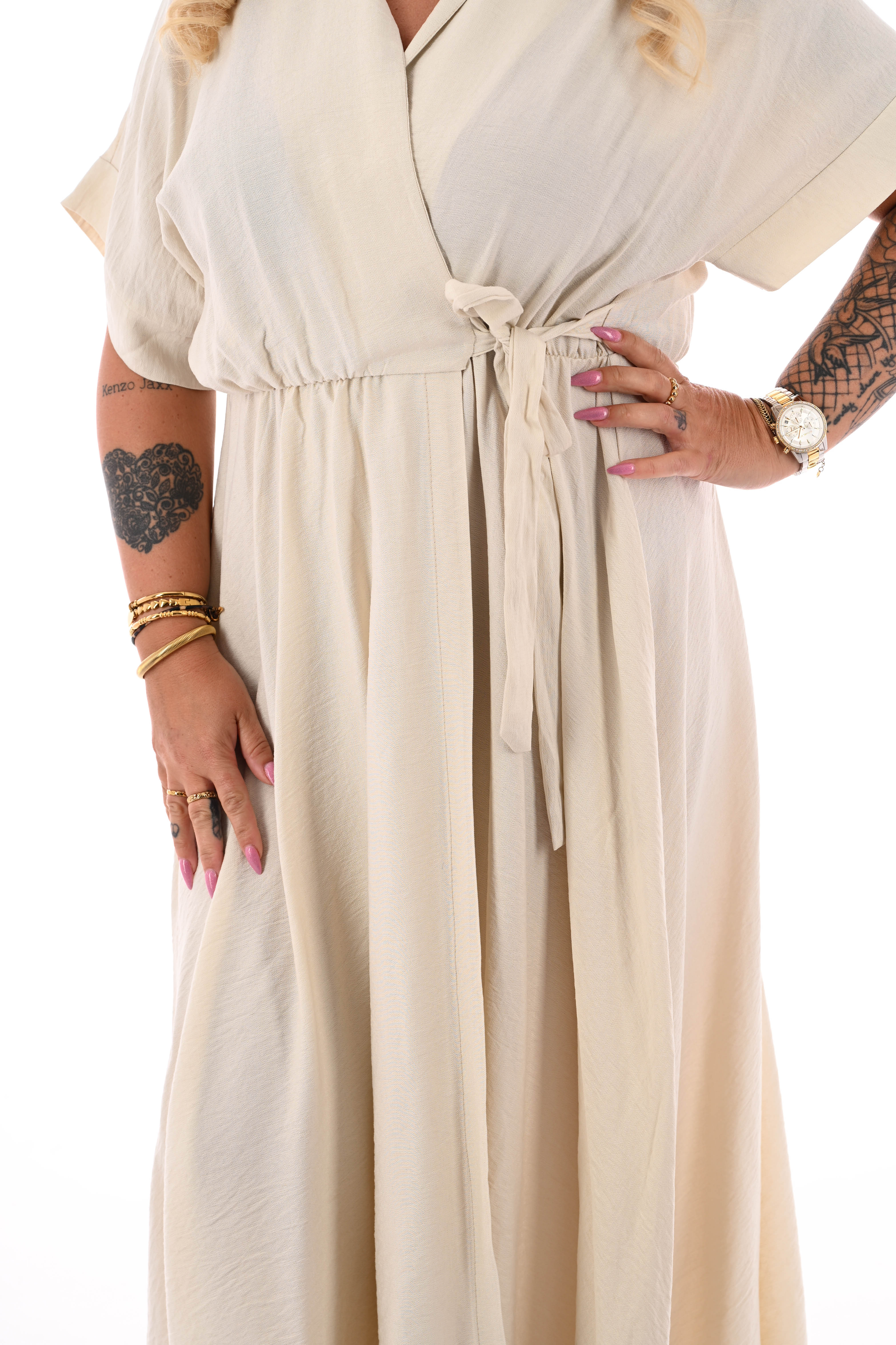 Maxi jurk overslag korte mouwen beige
