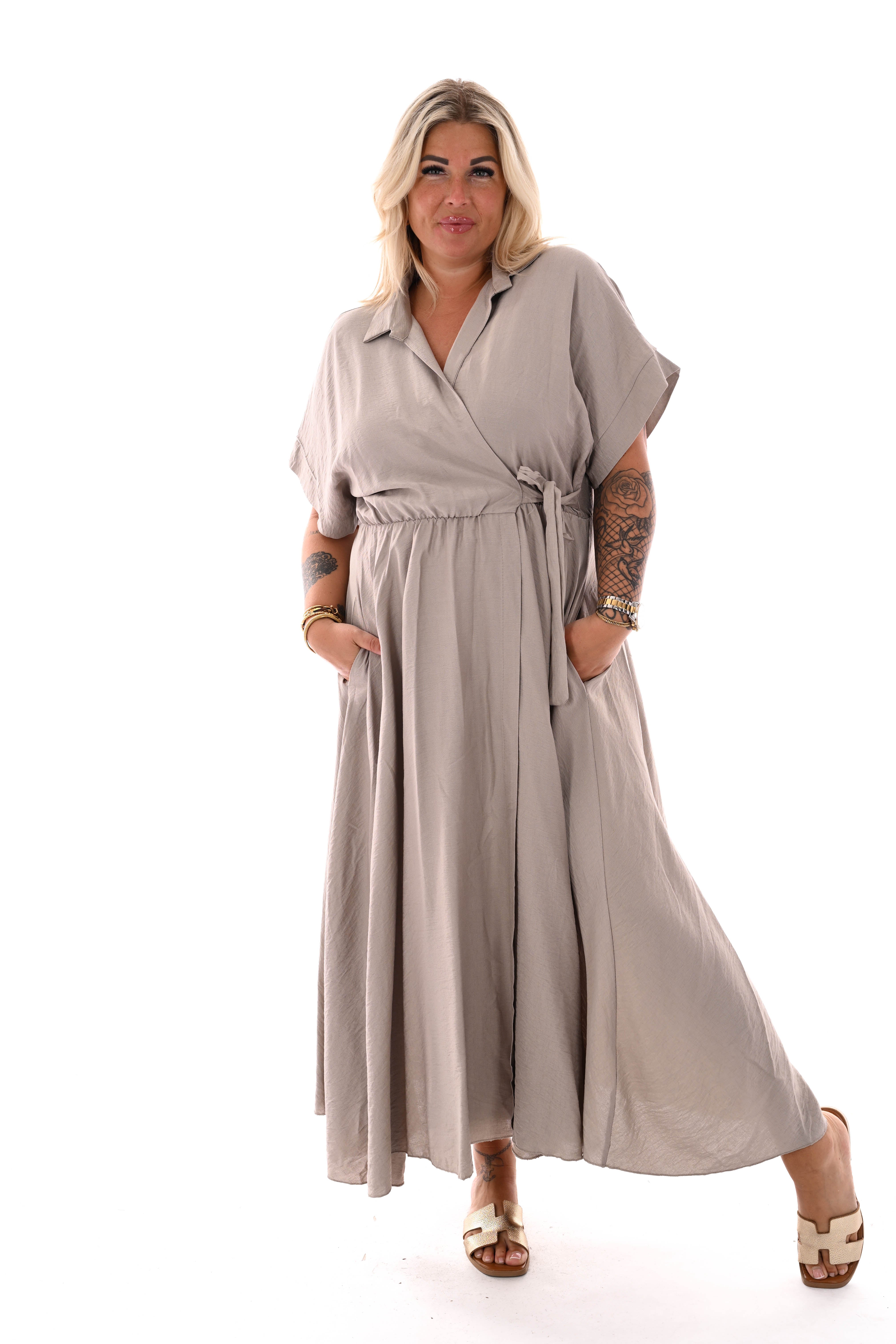 Maxi jurk overslag korte mouwen taupe