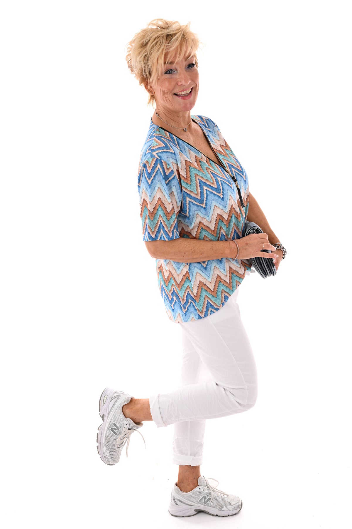 Top met rits zigzag blauw/lichtblauw