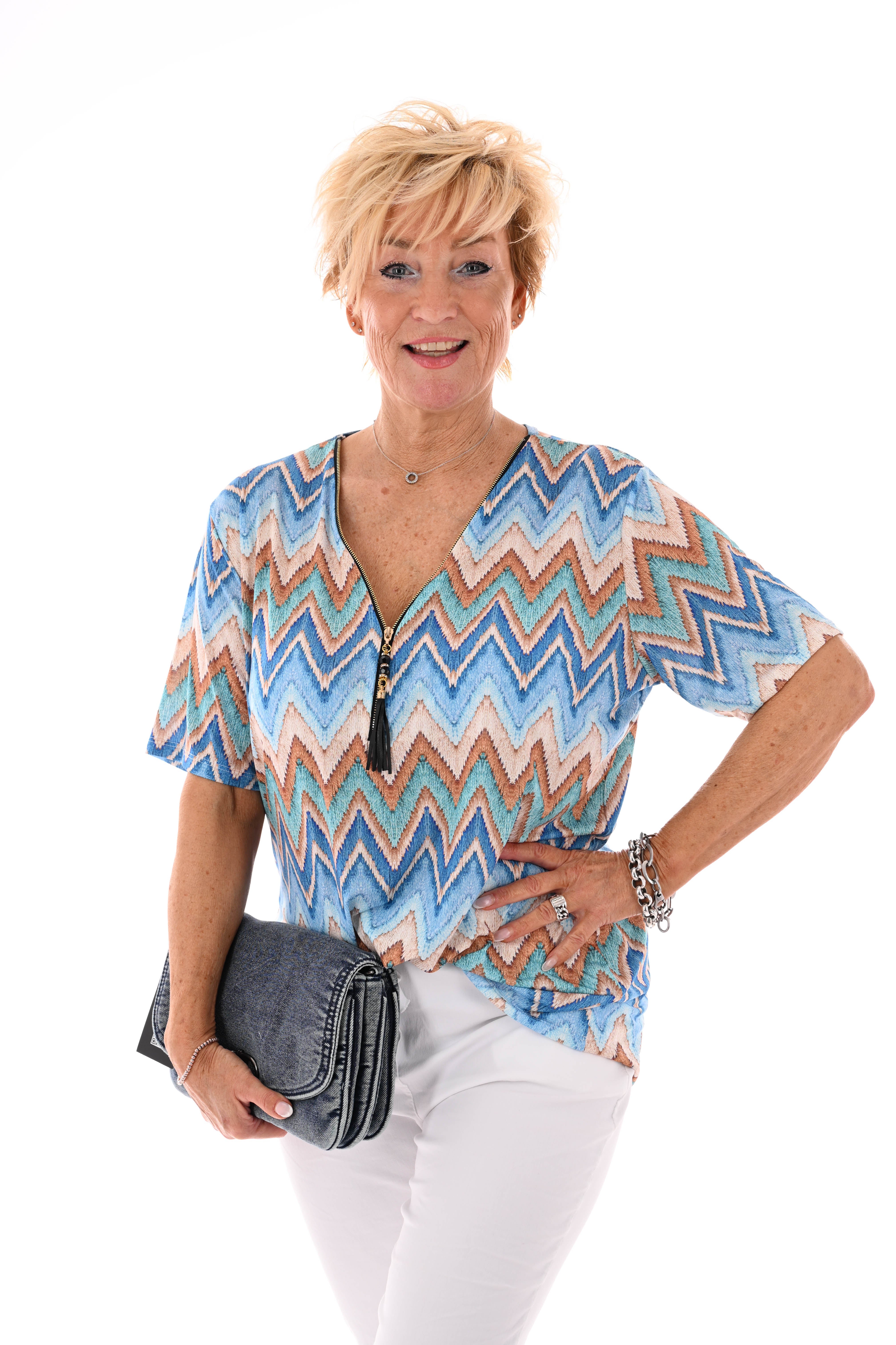 Top met rits zigzag blauw/lichtblauw