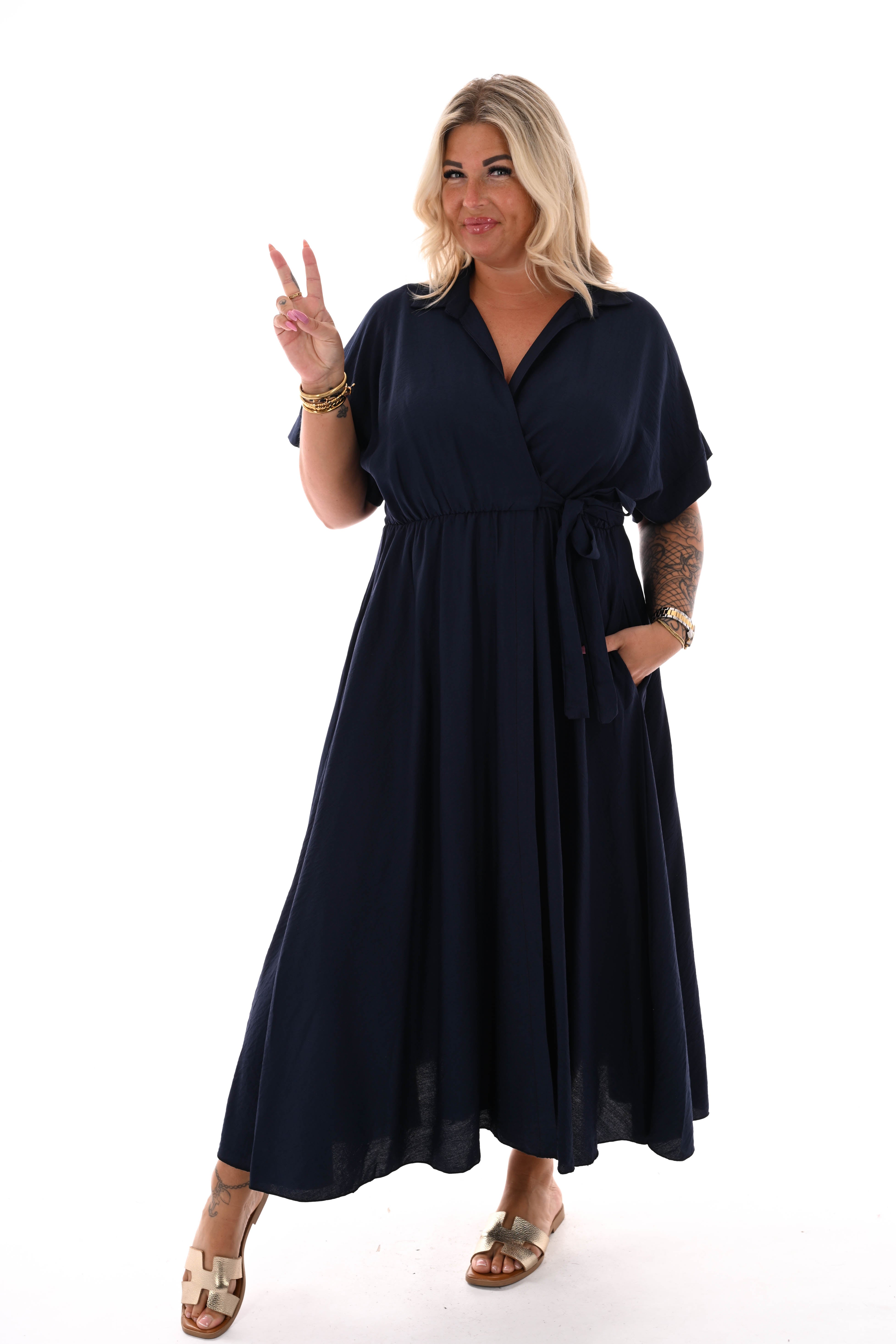 Maxi jurk overslag korte mouwen marineblauw