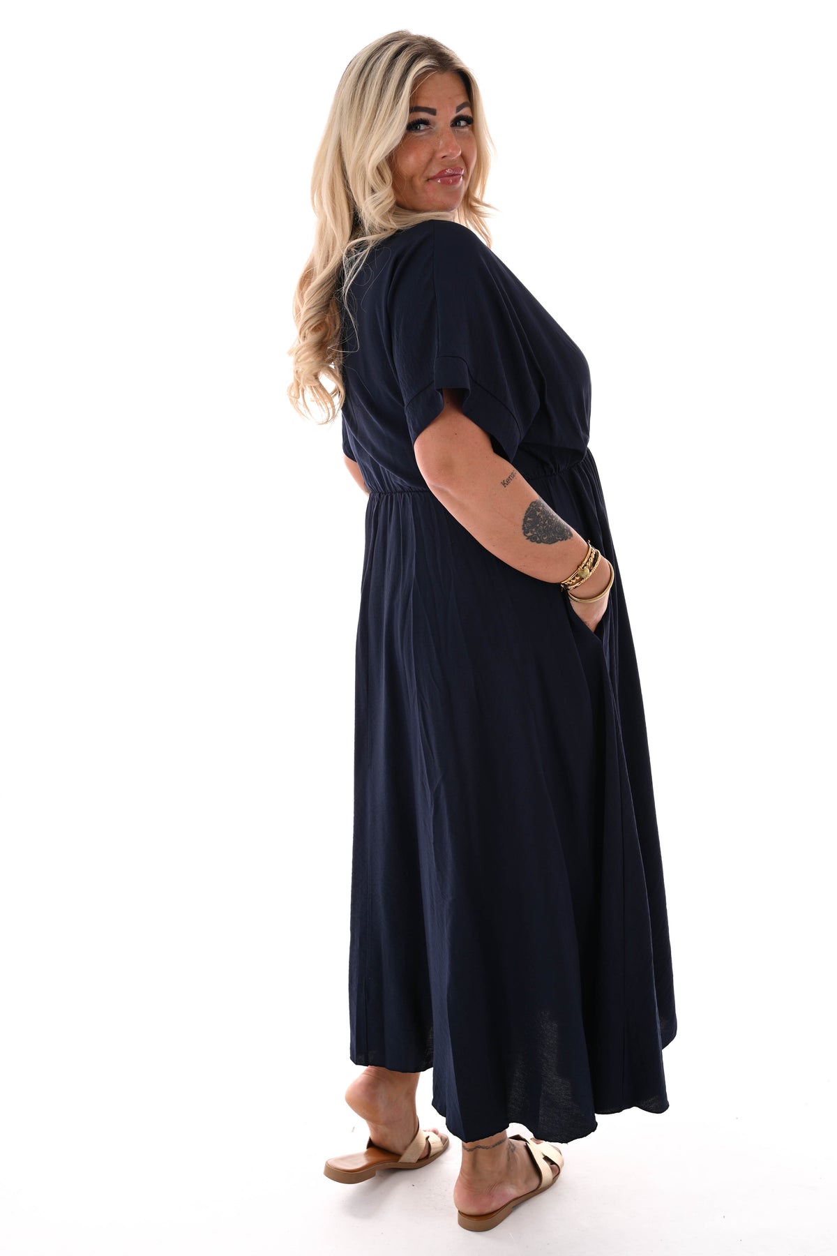 Maxi jurk overslag korte mouwen marineblauw