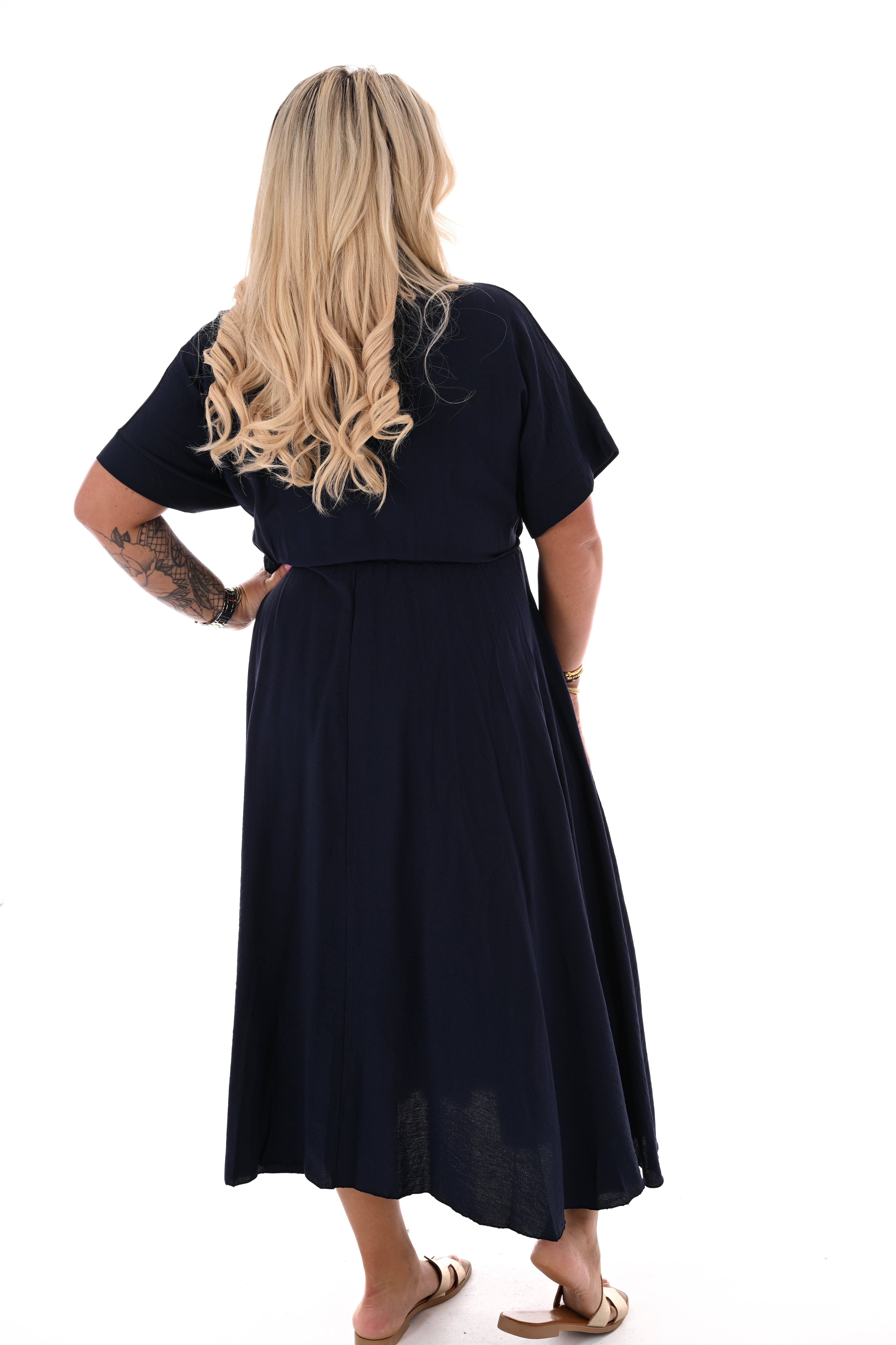 Maxi jurk overslag korte mouwen marineblauw