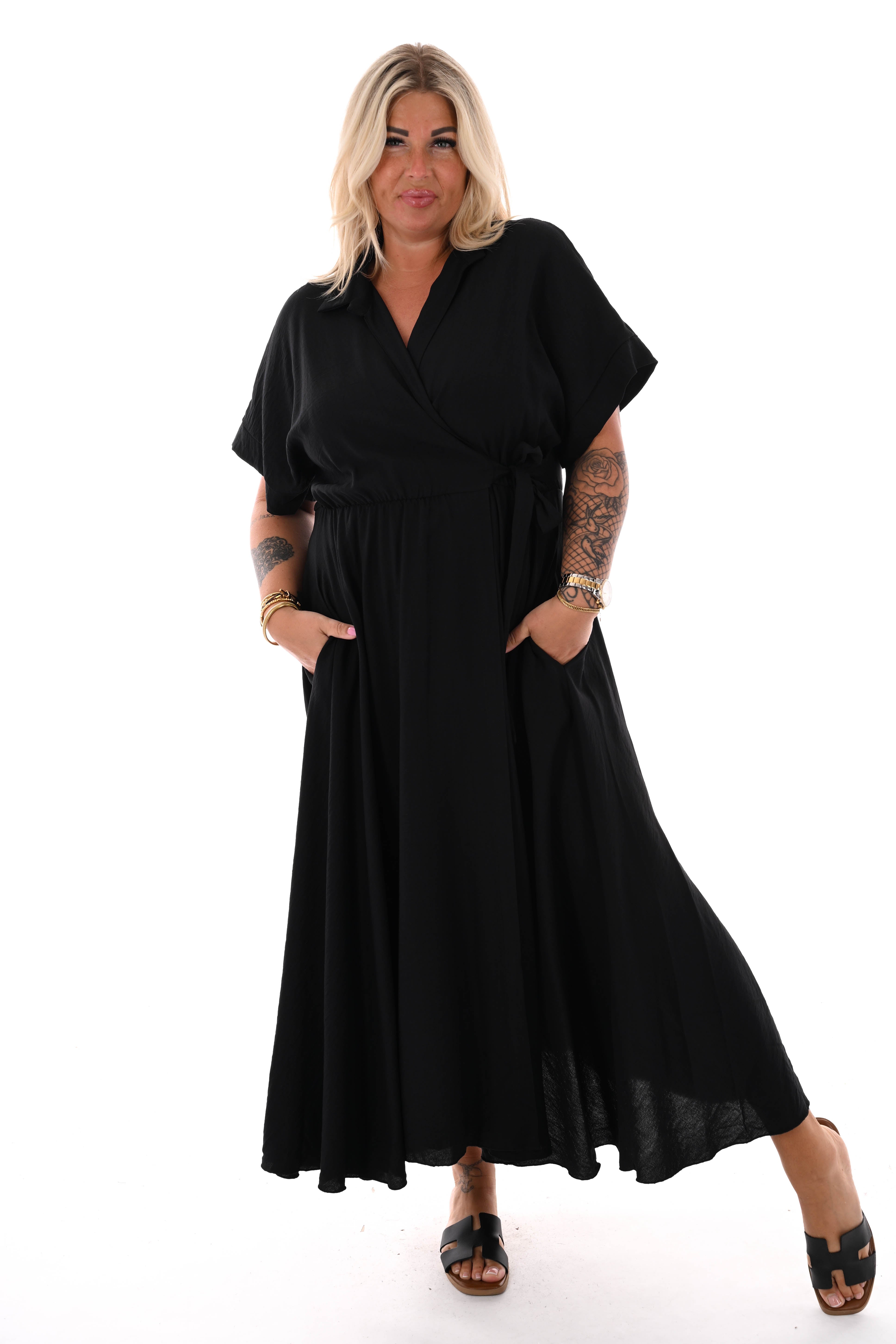 Maxi jurk overslag korte mouwen zwart