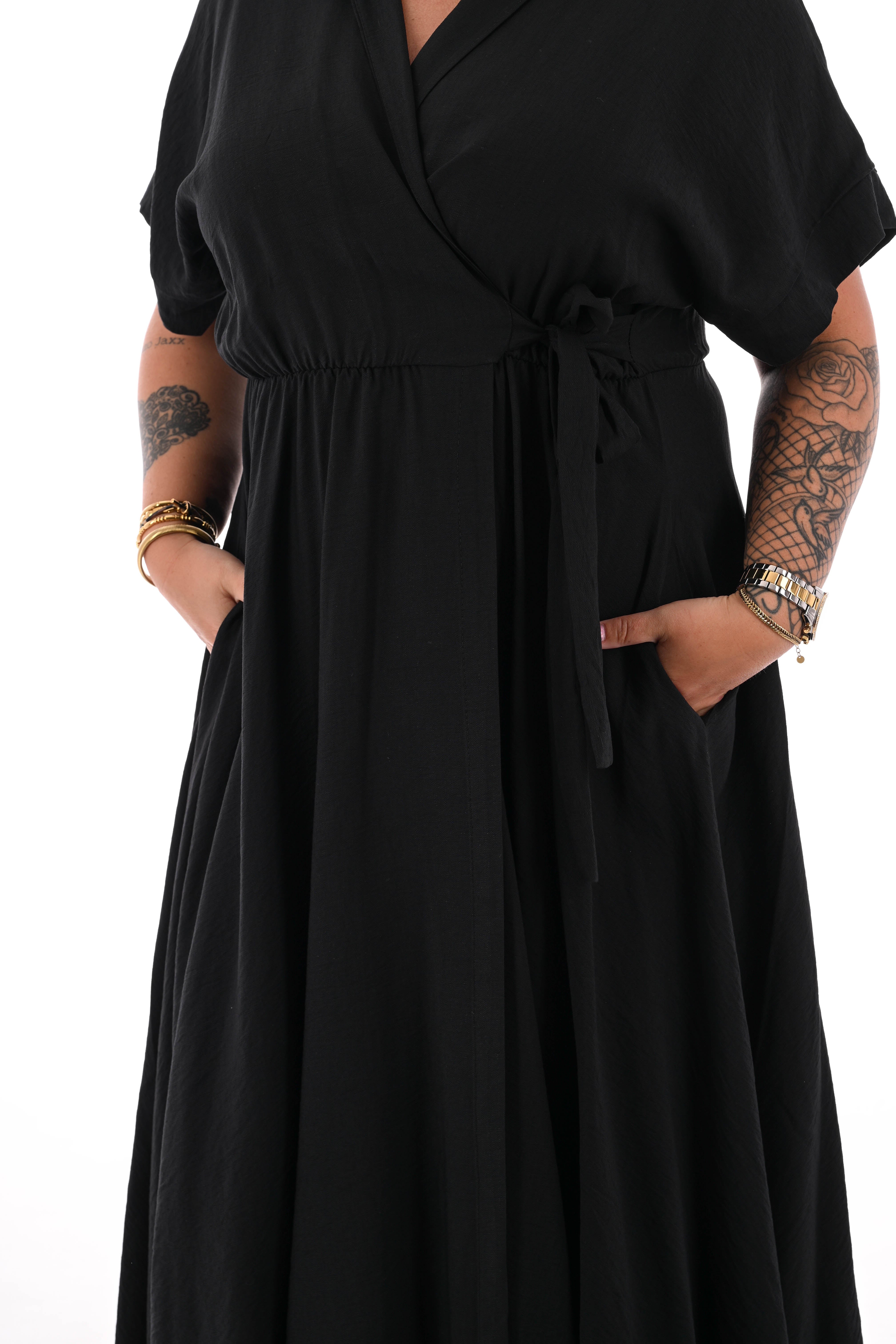 Maxi jurk overslag korte mouwen zwart