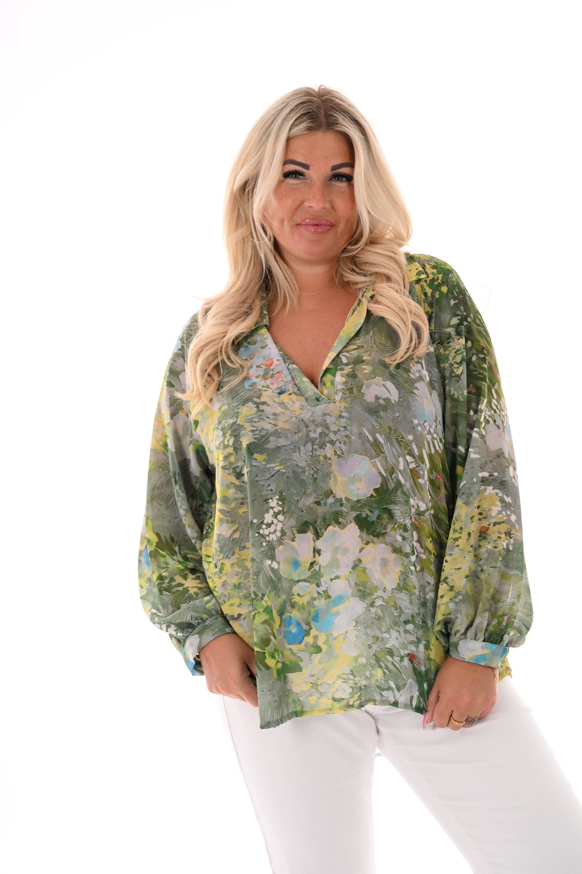 Blouse v-hals aquarel print pistache
