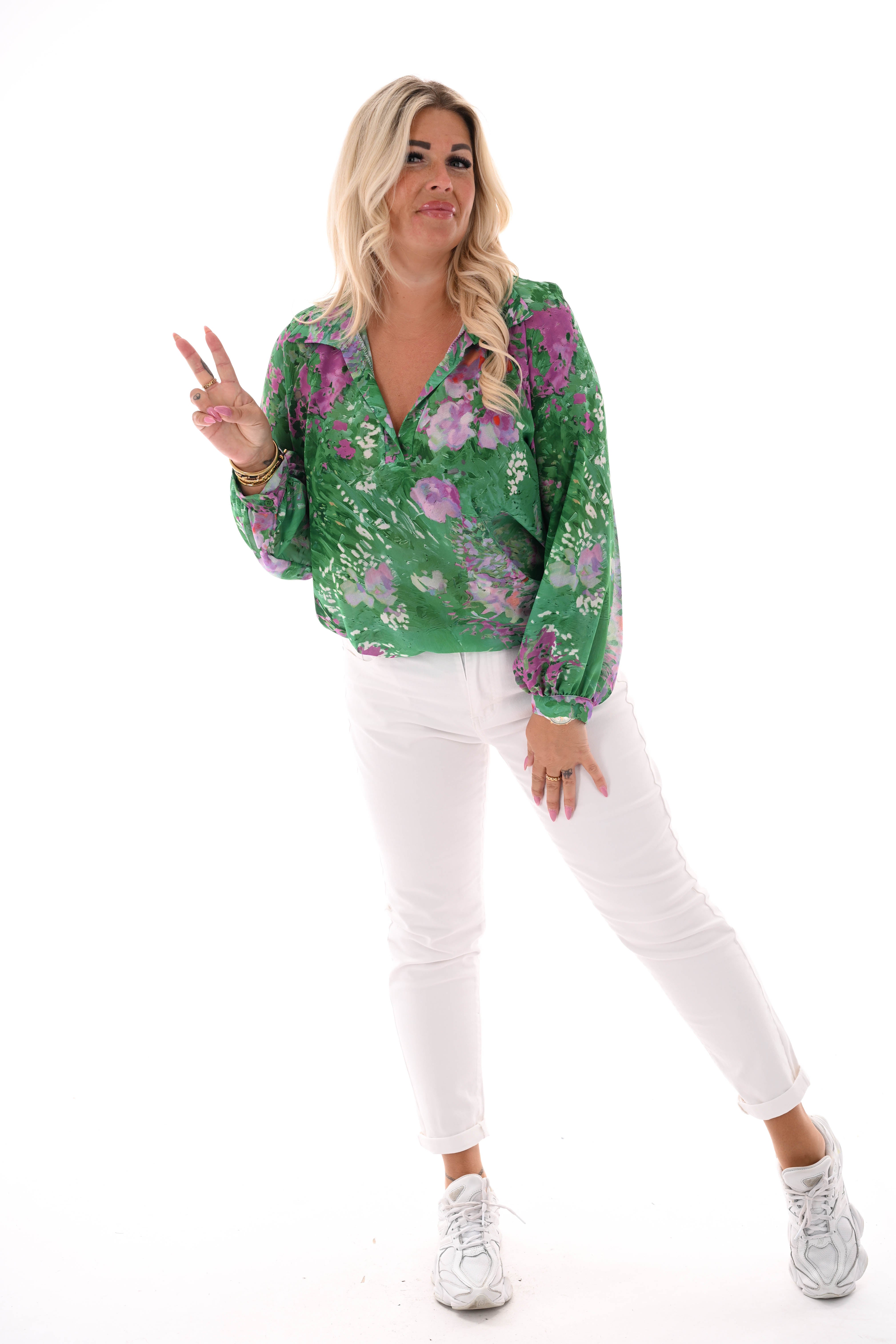 Blouse v-hals aquarel print groen