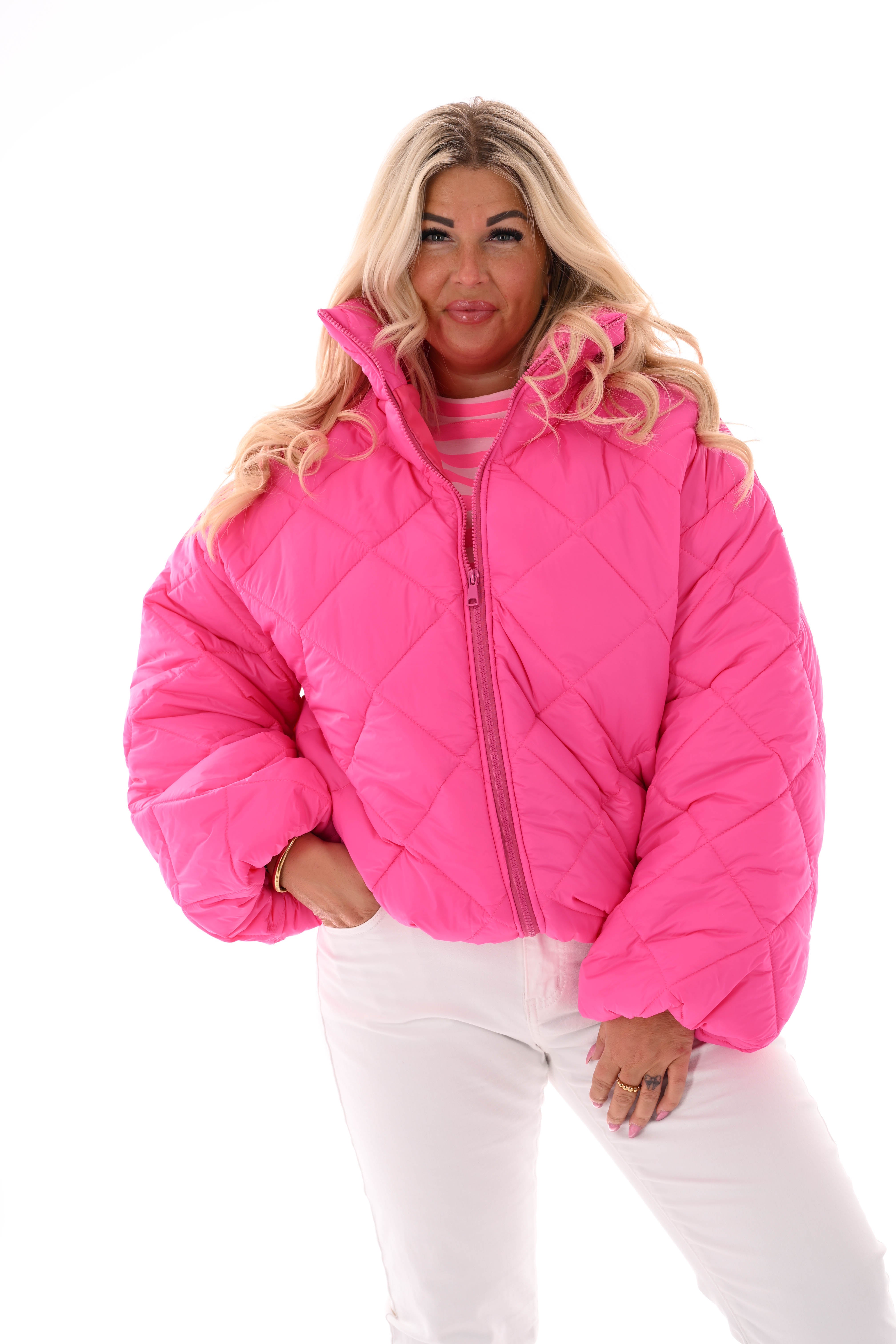 Korte jas ruit met pofmouwen fuchsia