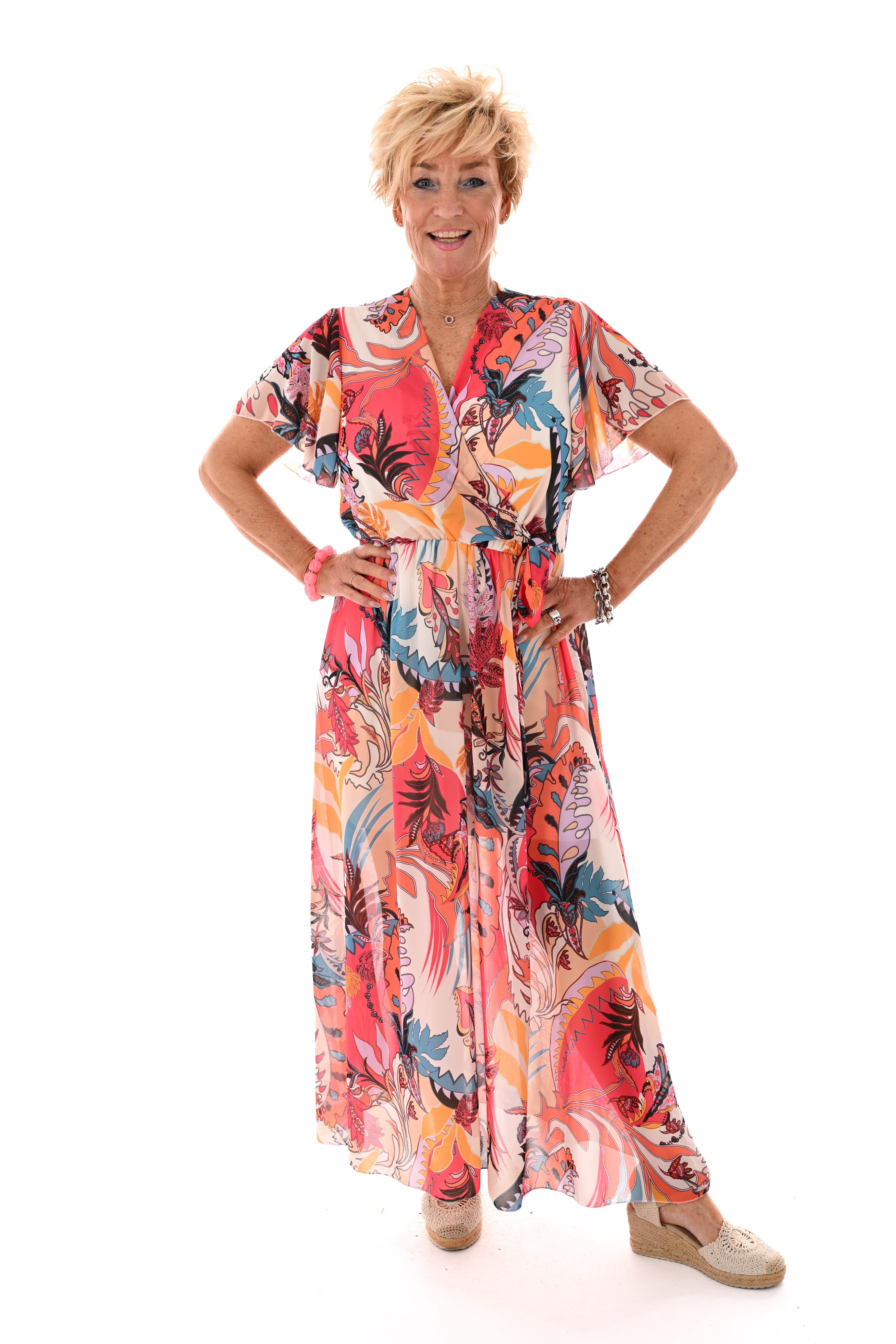 Maxi jurk korte mouwen met strik bloemen roomwit/koraal