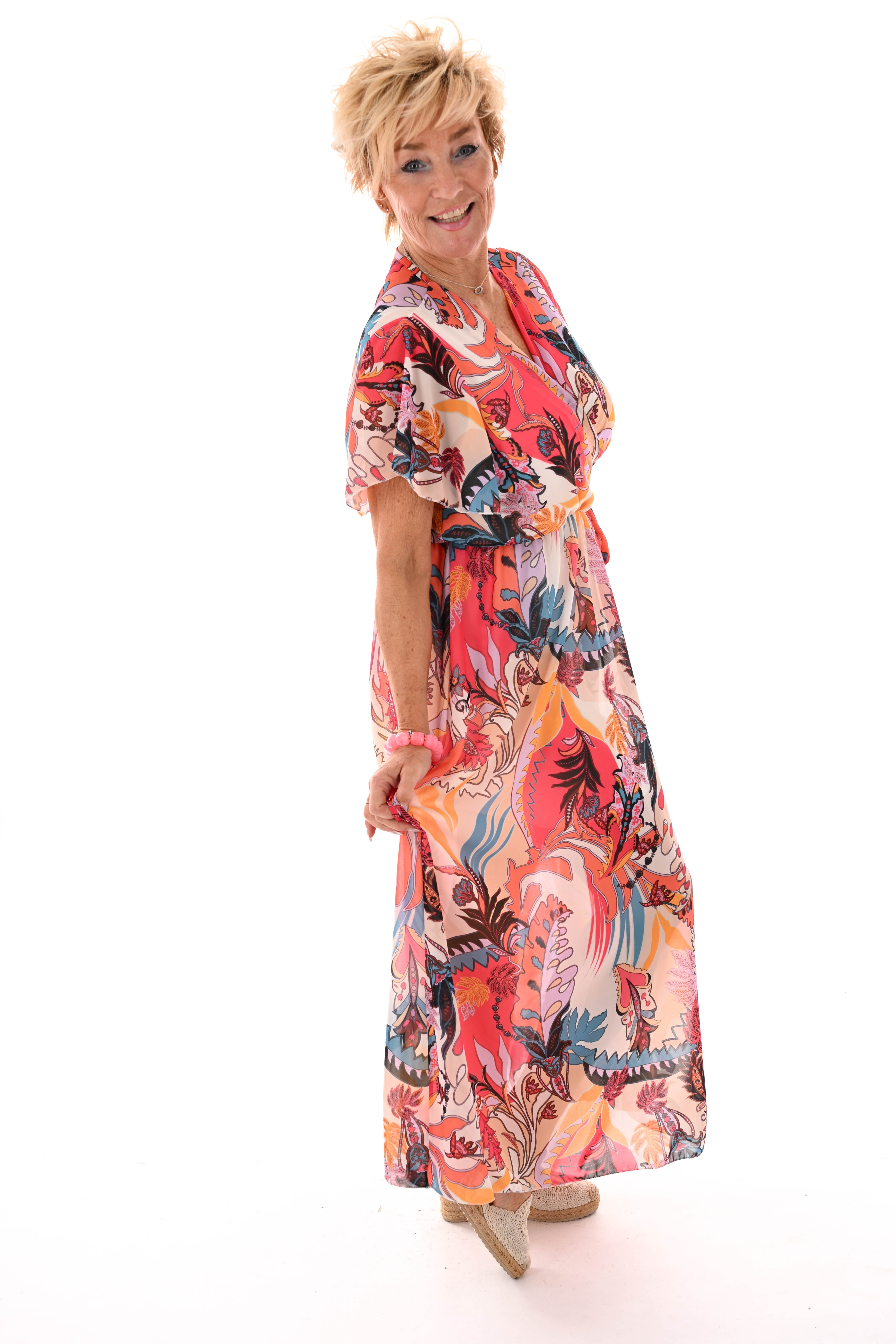 Maxi jurk korte mouwen met strik bloemen roomwit/koraal