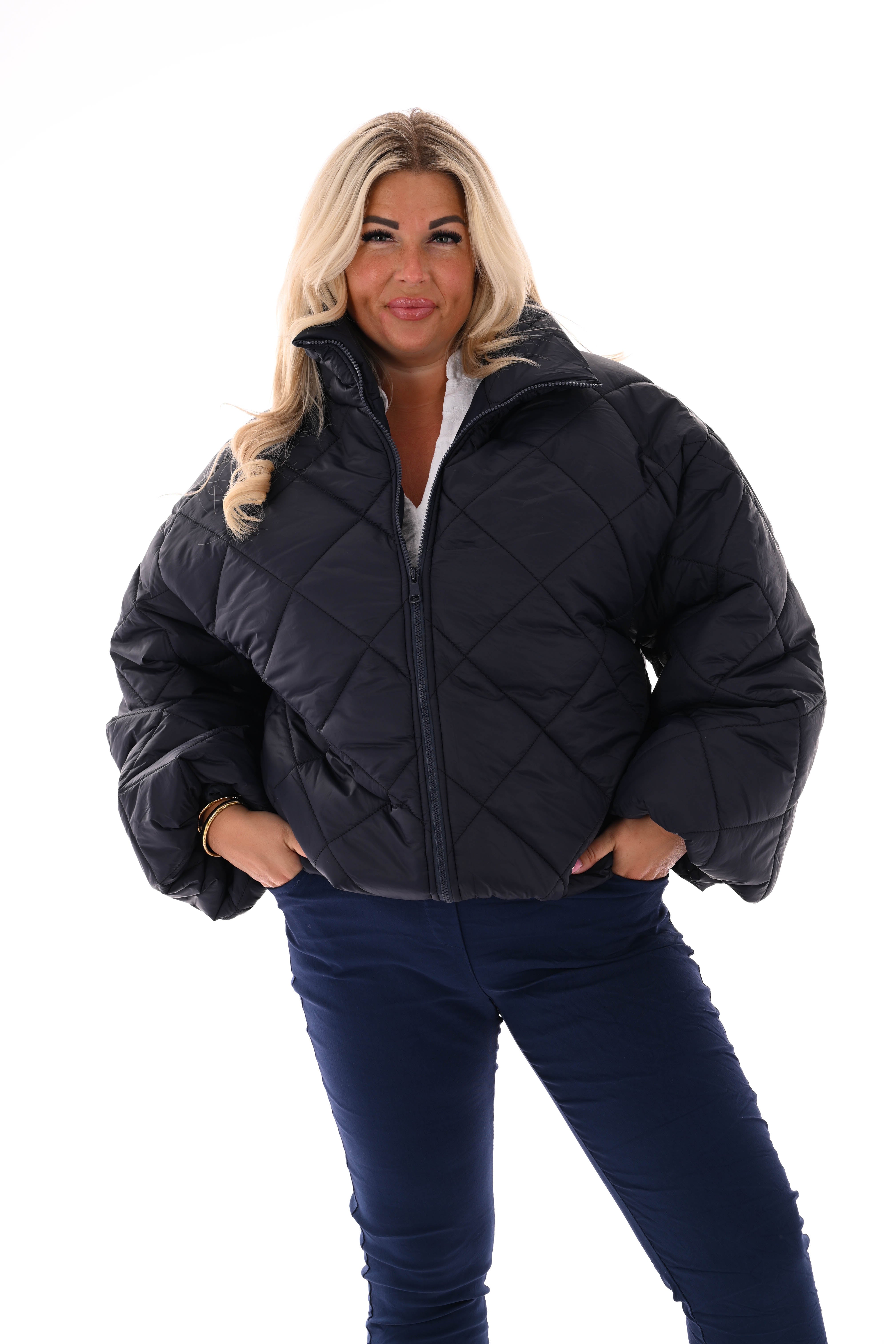 Korte jas ruit met pofmouwen marineblauw