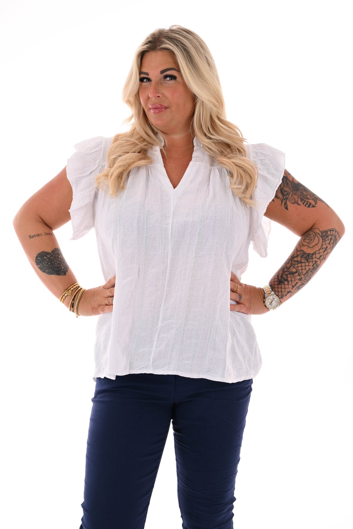 Top v-hals korte roezelmouwen roomwit