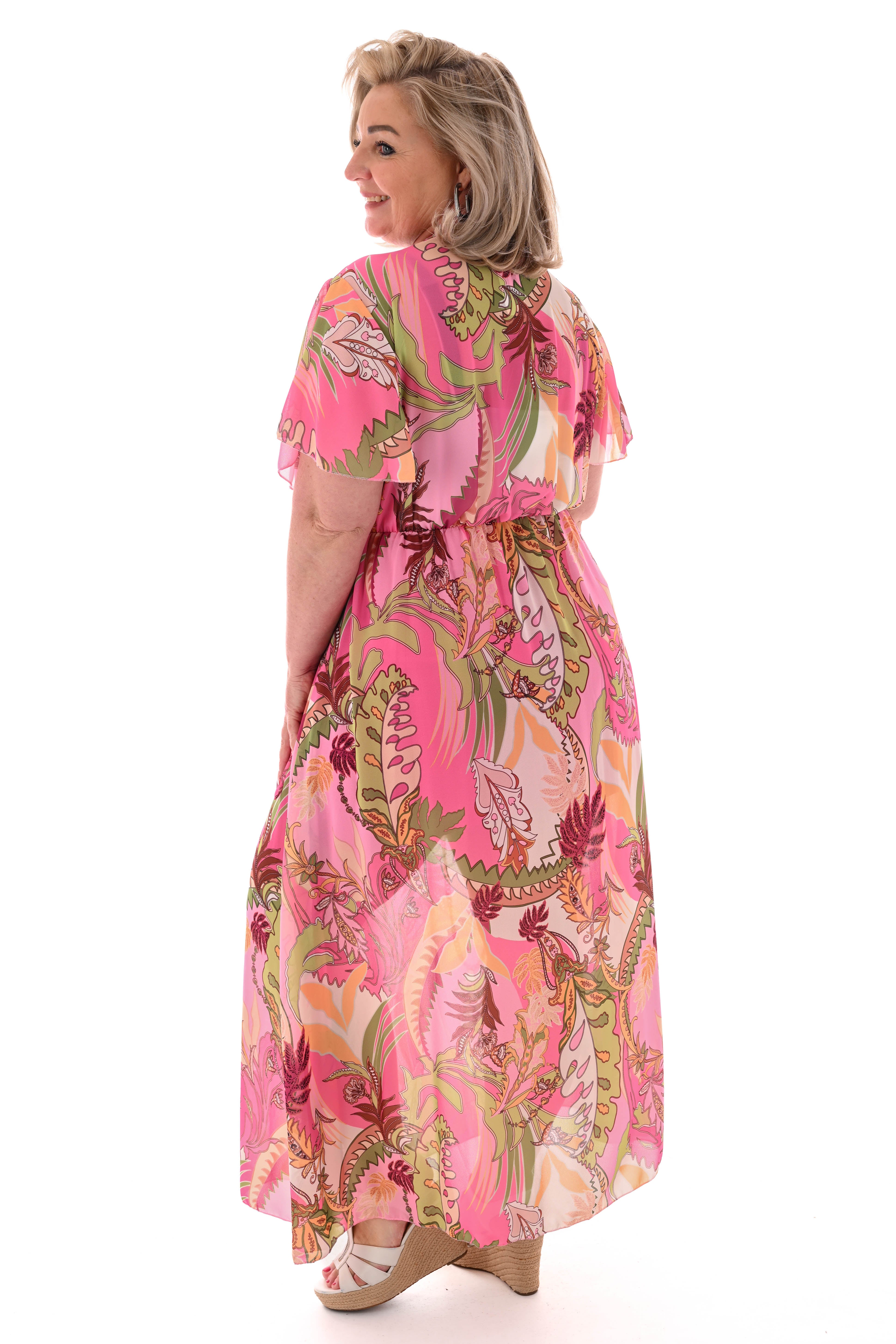 Maxi jurk korte mouwen met strik bloemen roze/lichtgroen