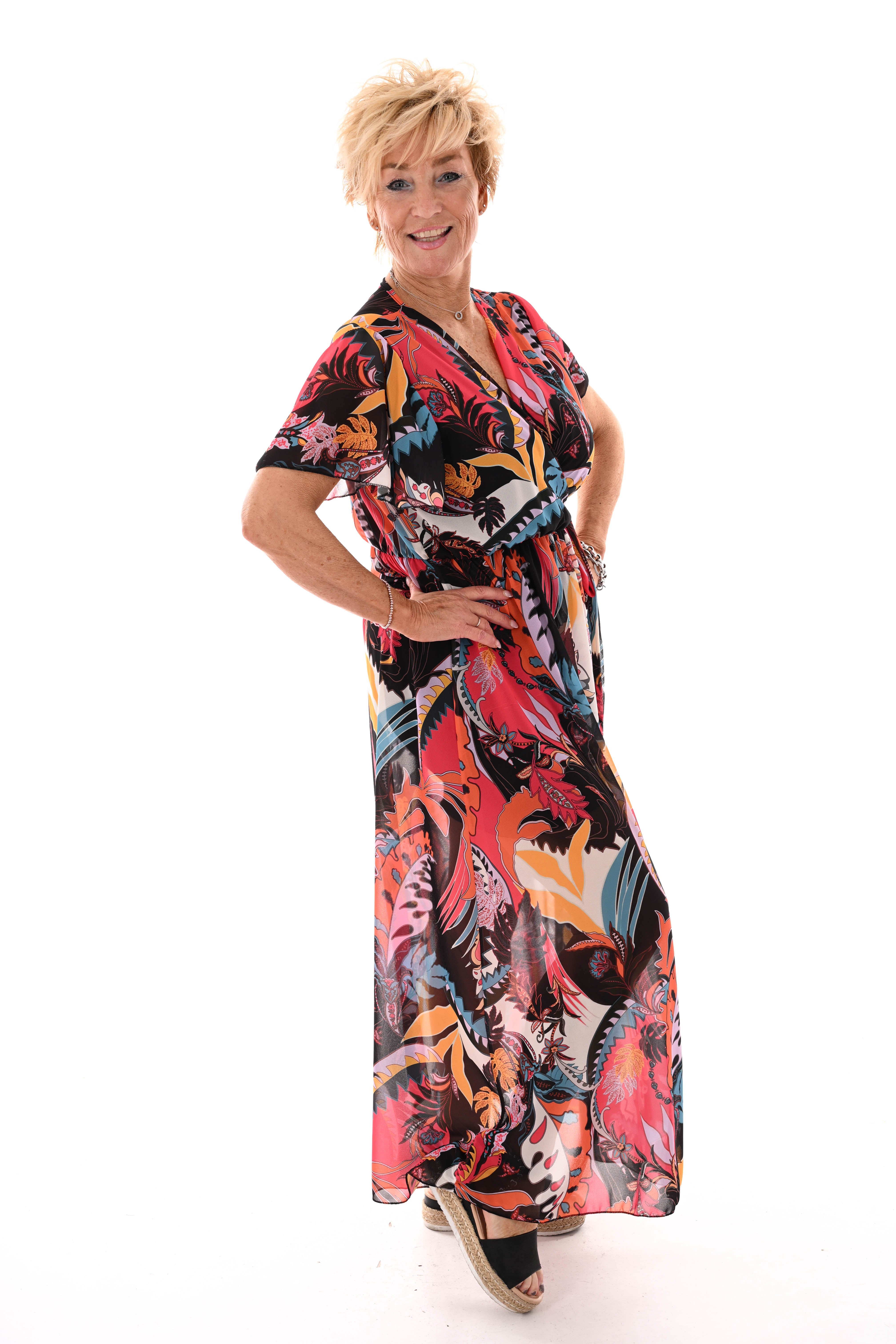 Maxi jurk korte mouwen met strik bloemen zwart/koraal