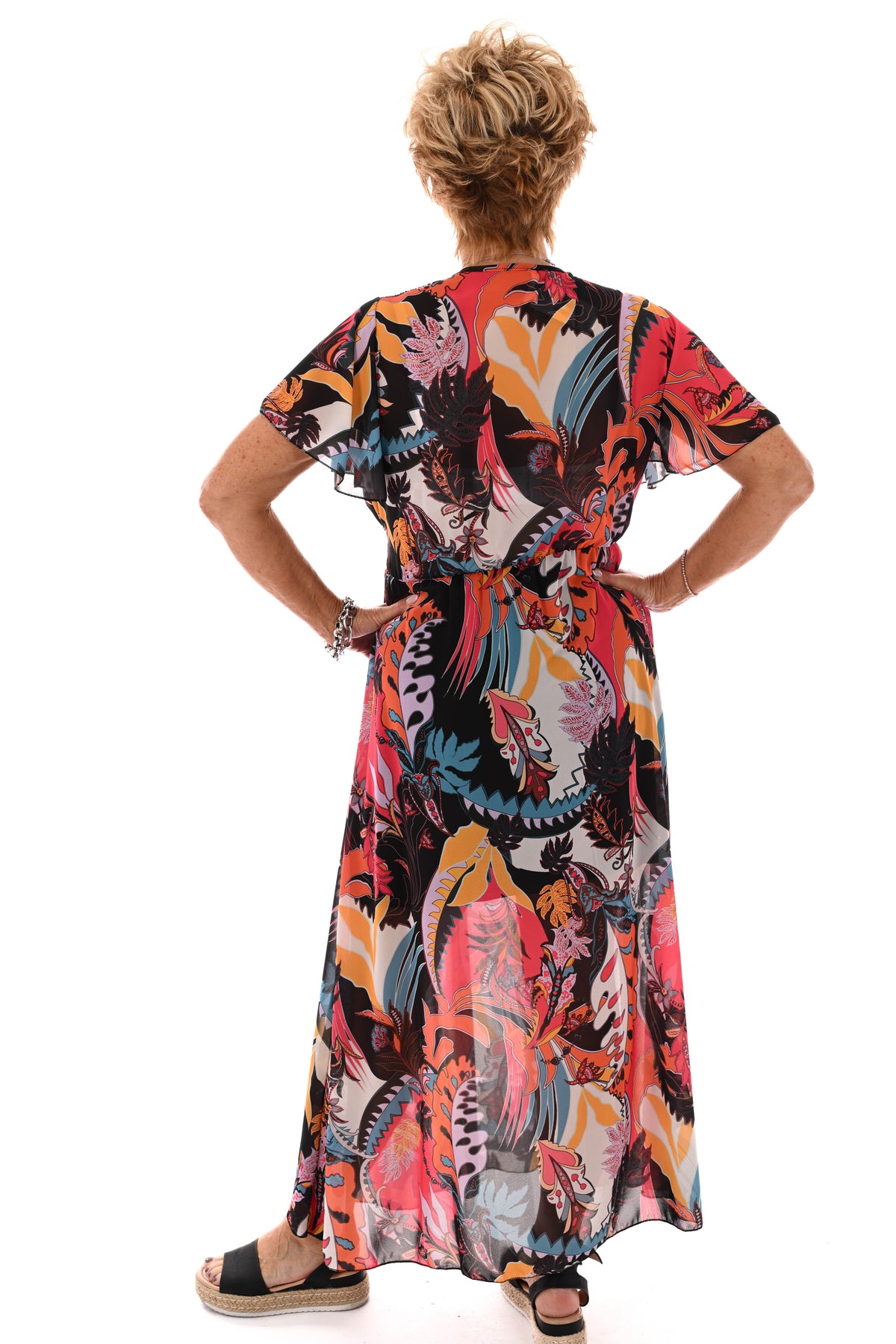 Maxi jurk korte mouwen met strik bloemen zwart/koraal