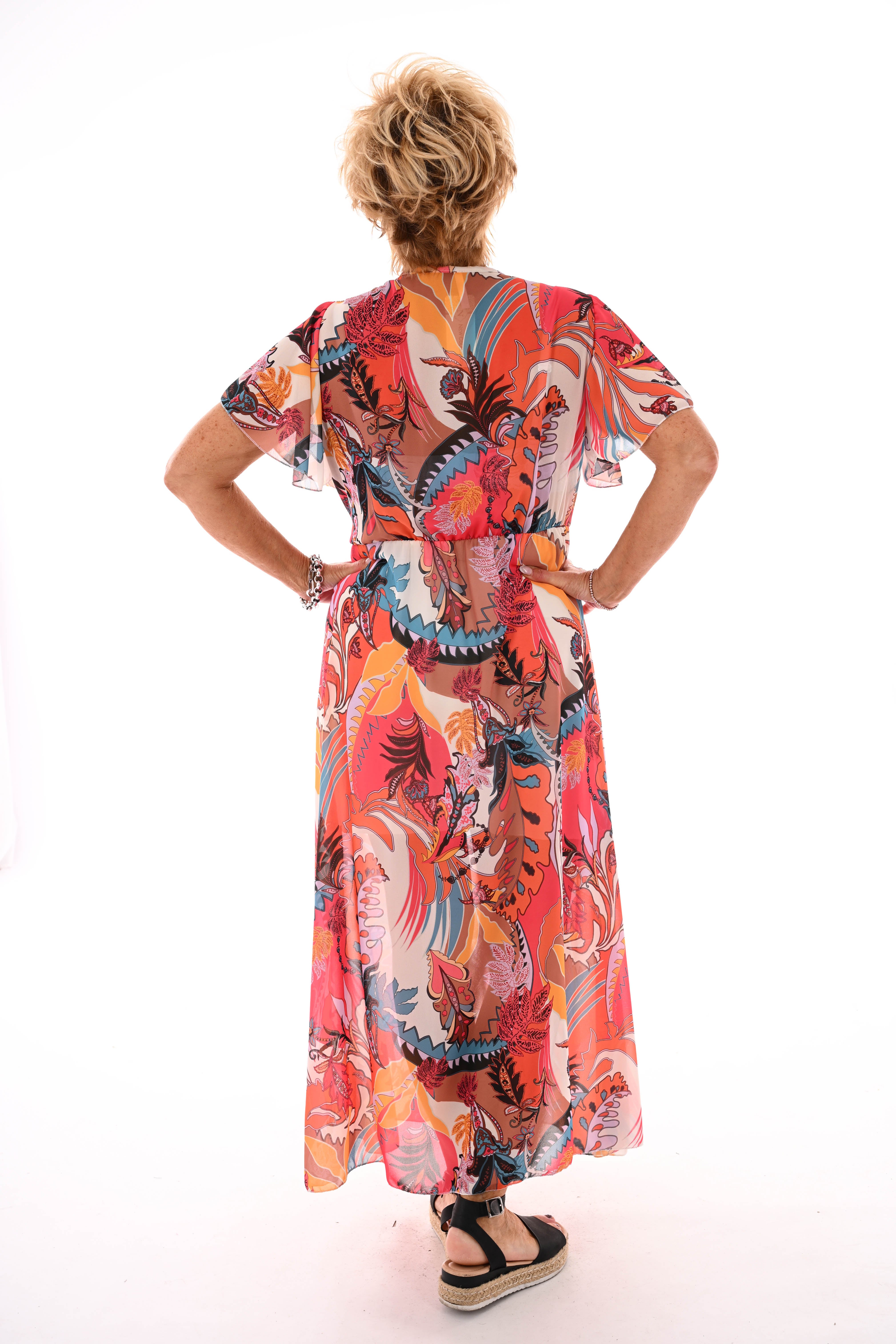 Maxi jurk korte mouwen met strik bloemen oranje/lichtbruin