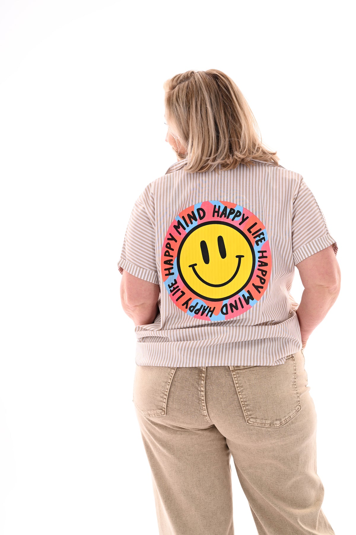 Blouse streepjes korte mouwen smiley beige