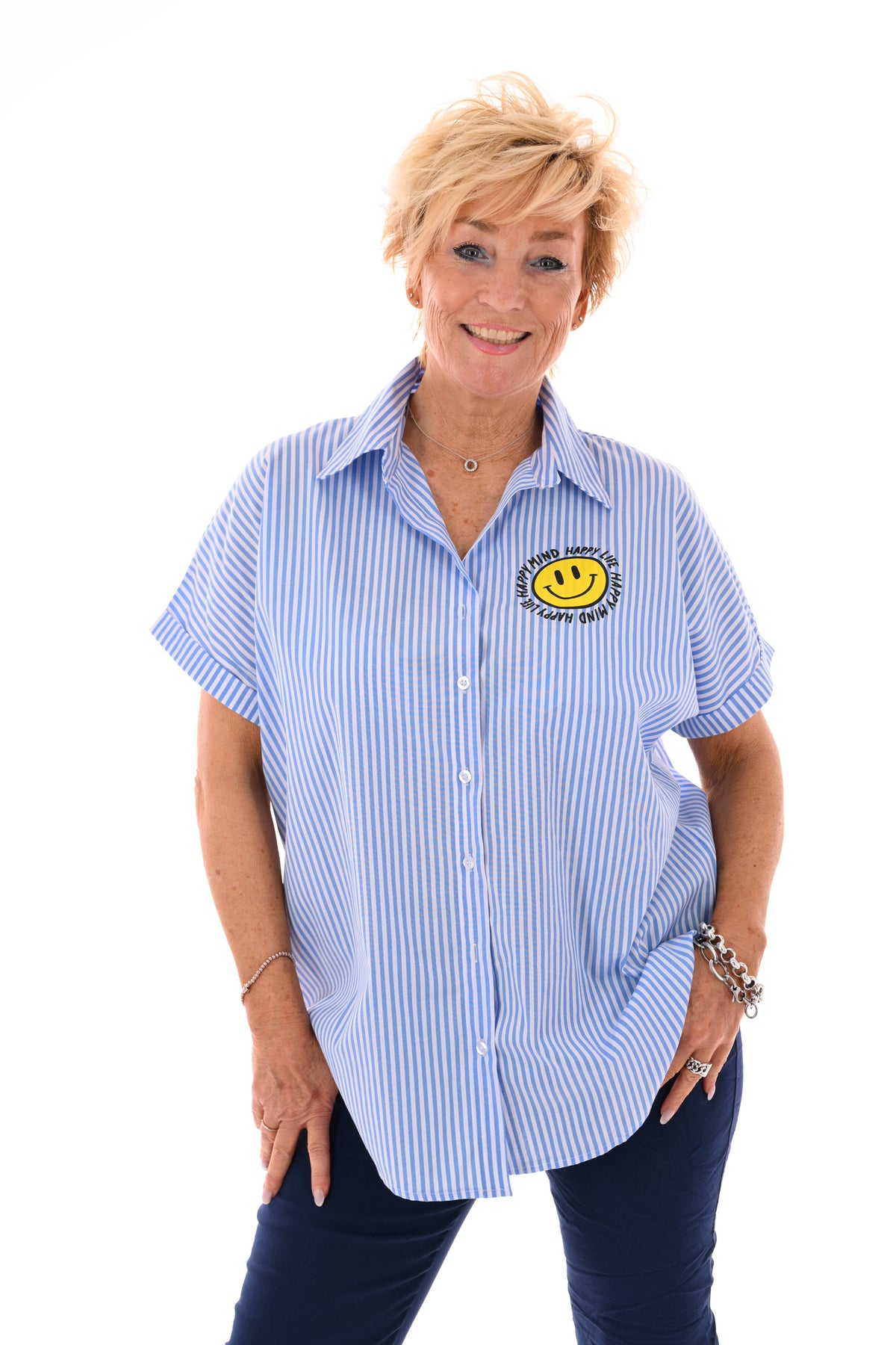 Blouse streepjes korte mouwen smiley blauw