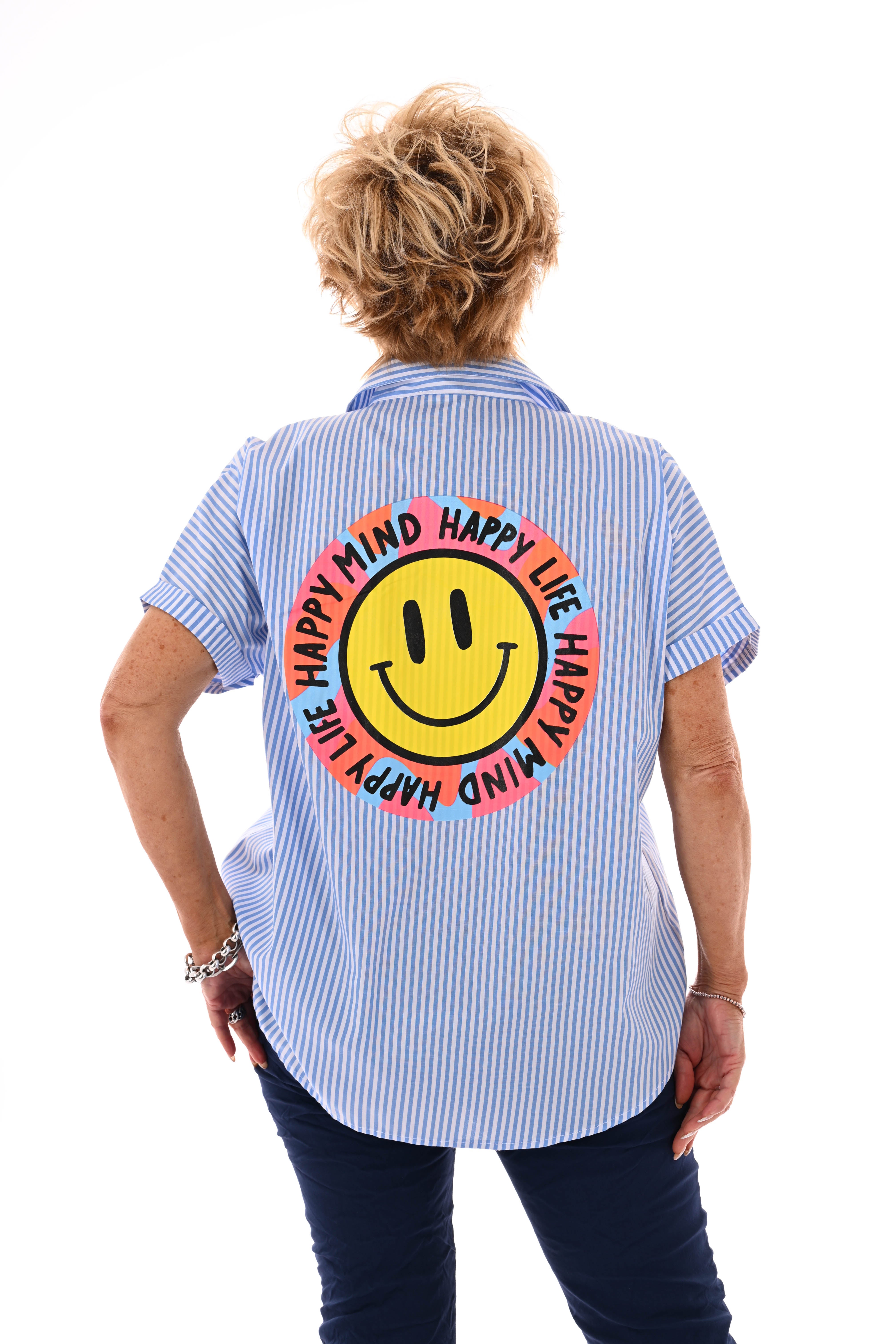 Blouse streepjes korte mouwen smiley blauw