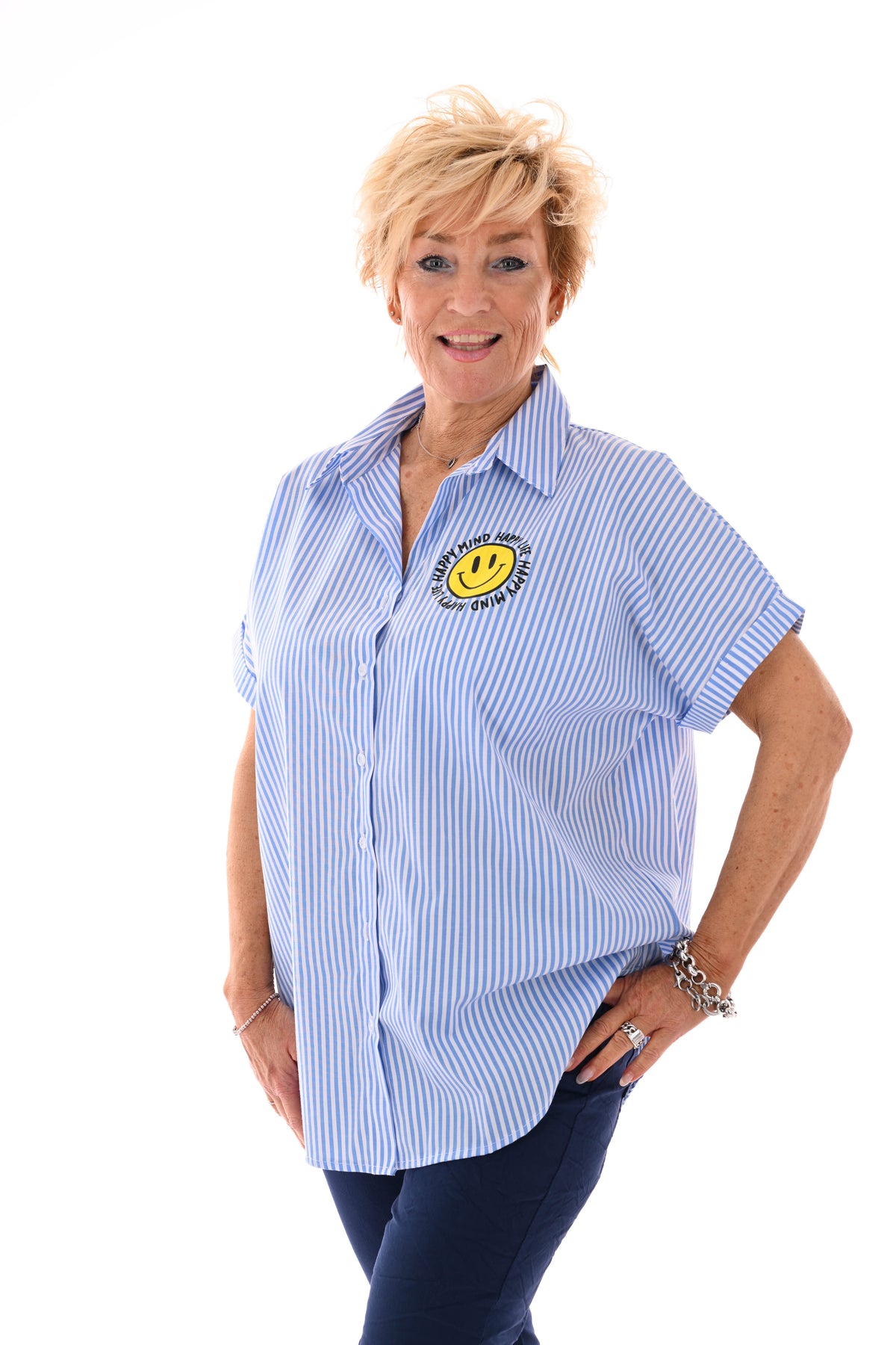 Blouse streepjes korte mouwen smiley blauw