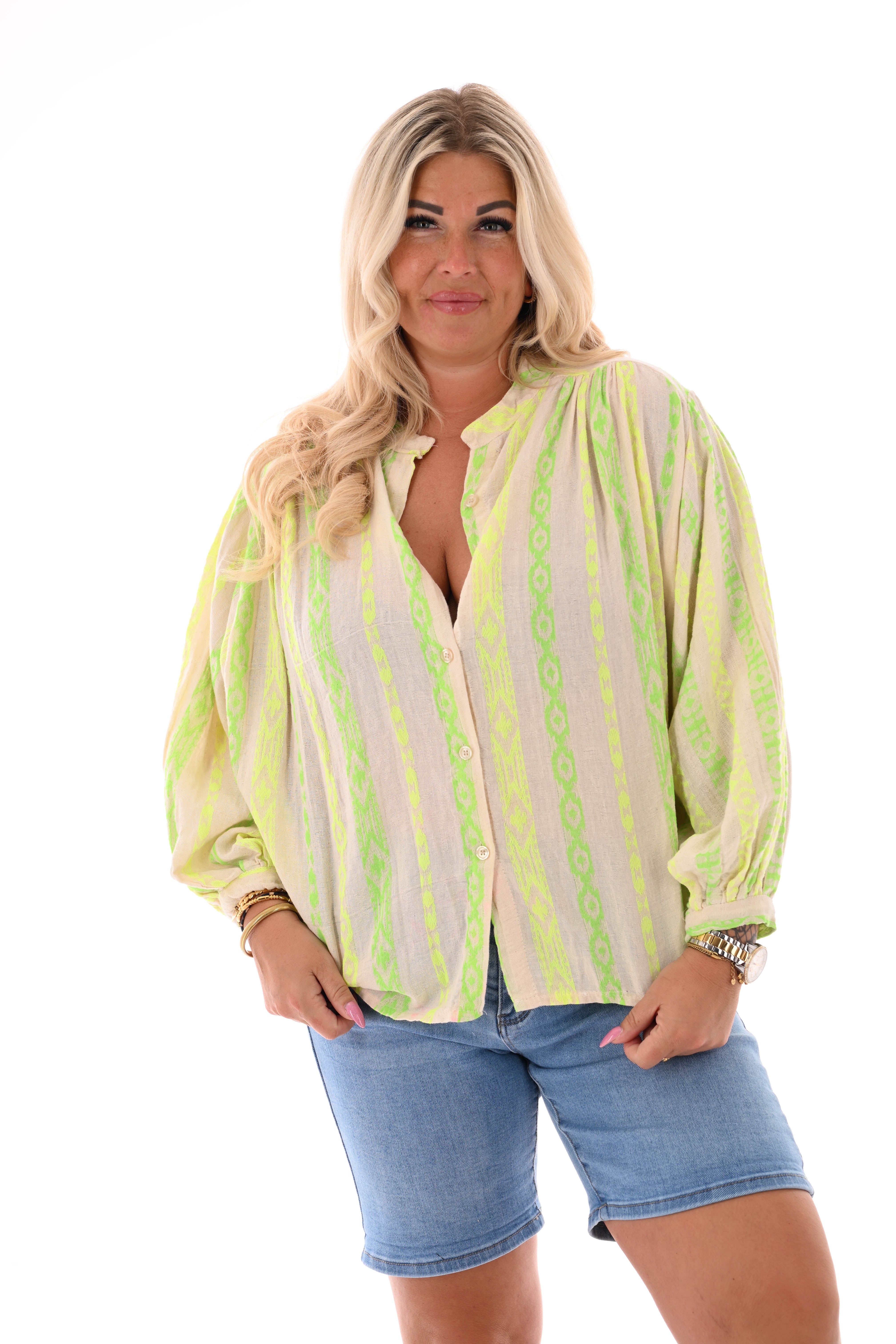 Doorknoop blouse pofmouwen aztec groen/geel