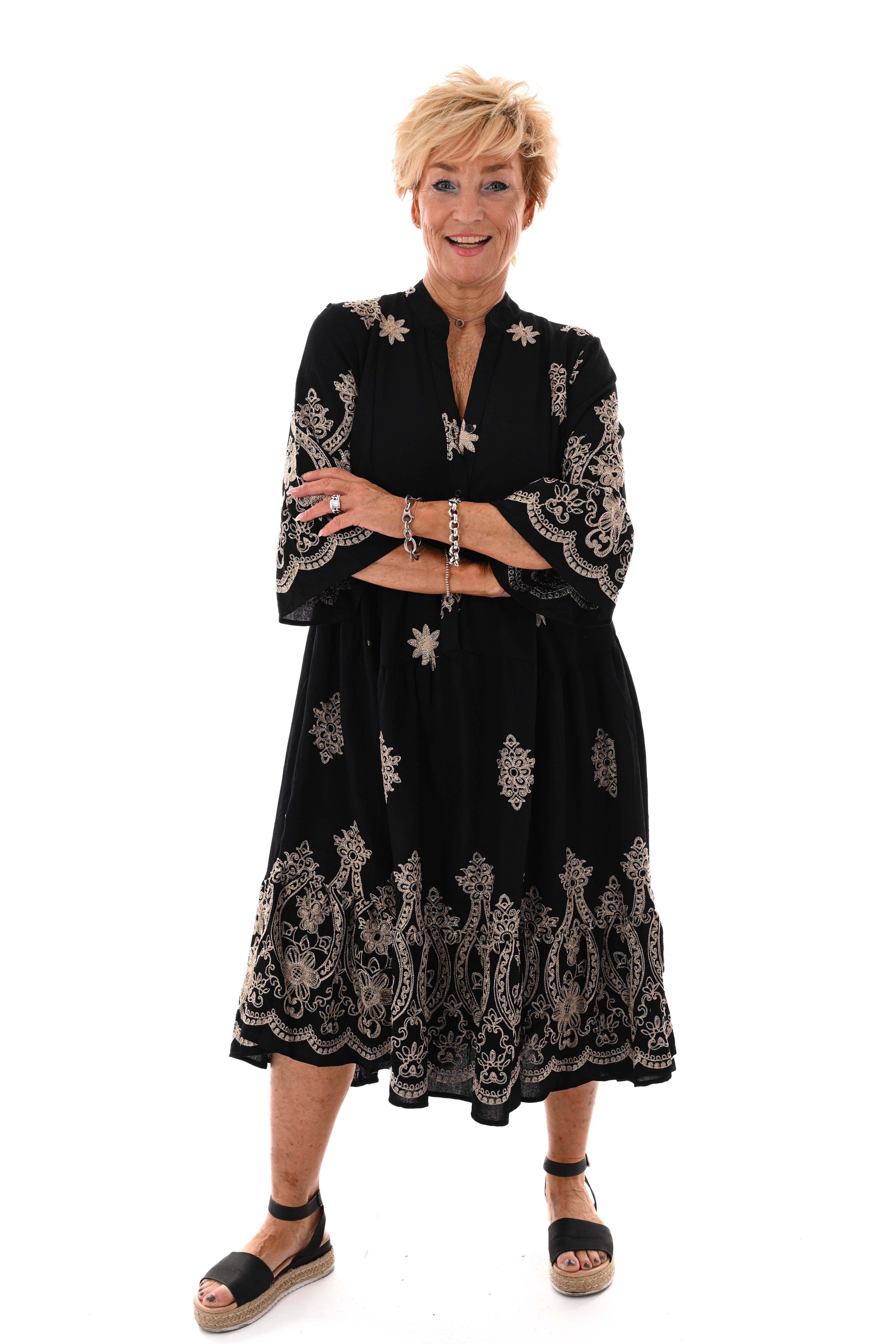 Lange jurk v-hals bladeren zwart