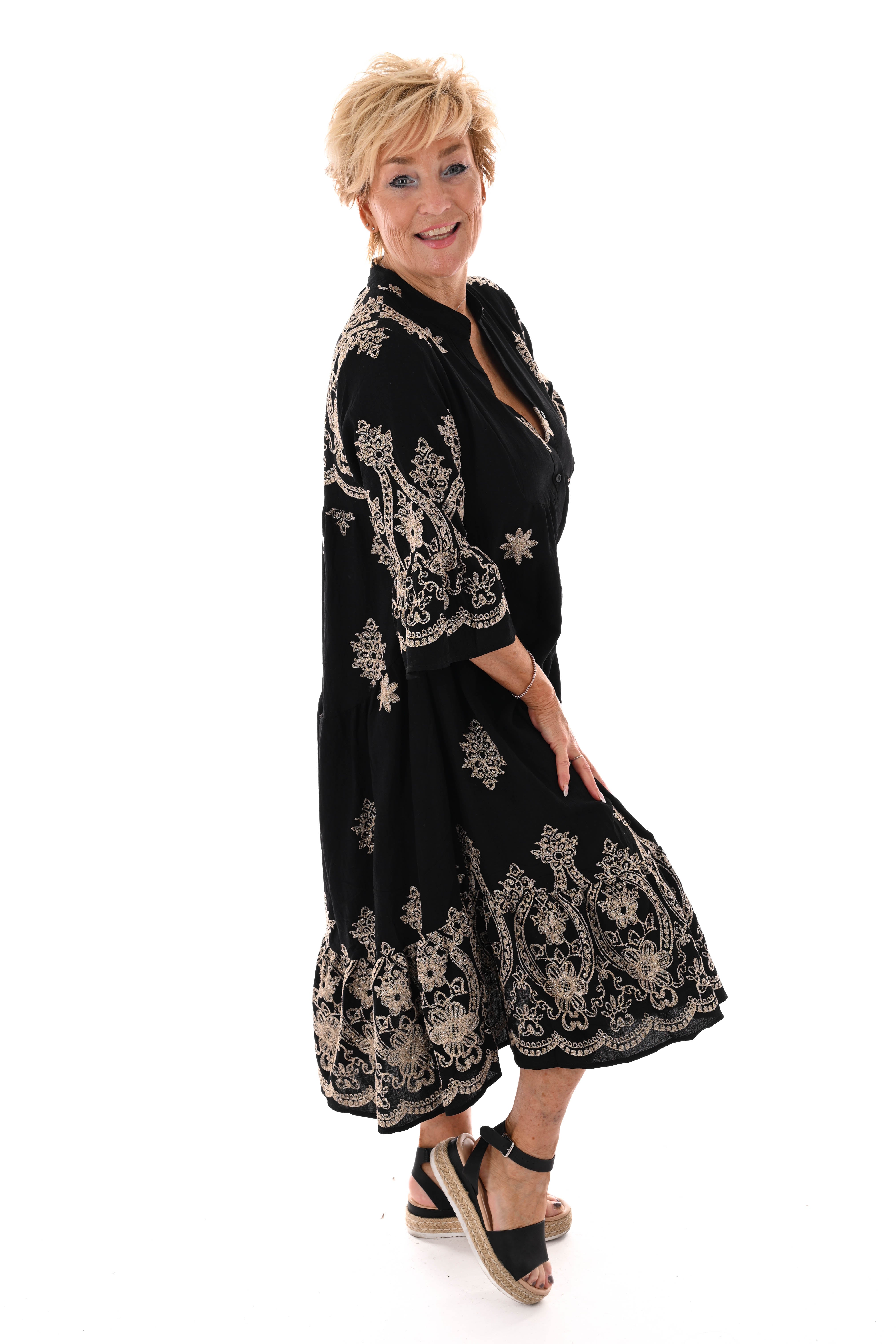 Lange jurk v-hals bladeren zwart