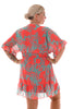 Korte jurk elastieken taille roezel detail zeegroen/oranje