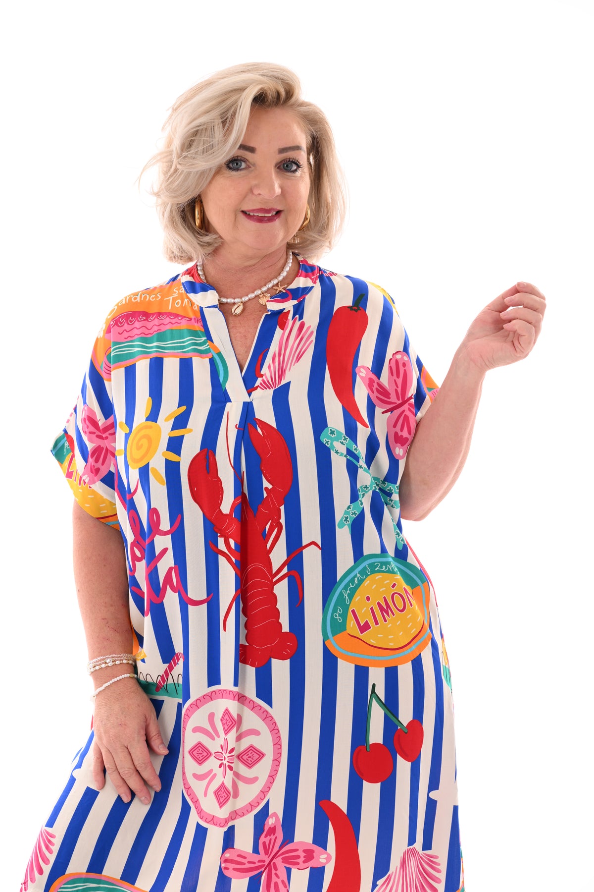Tuniek v-hals print kobaltblauw/roomwit