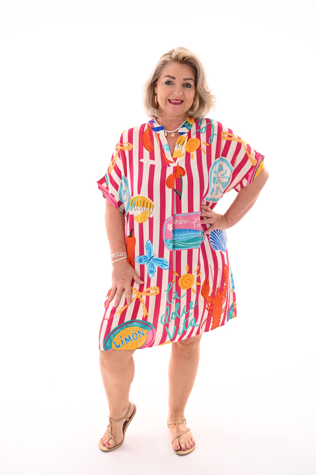 Tuniek v-hals print fuchsia/roomwit