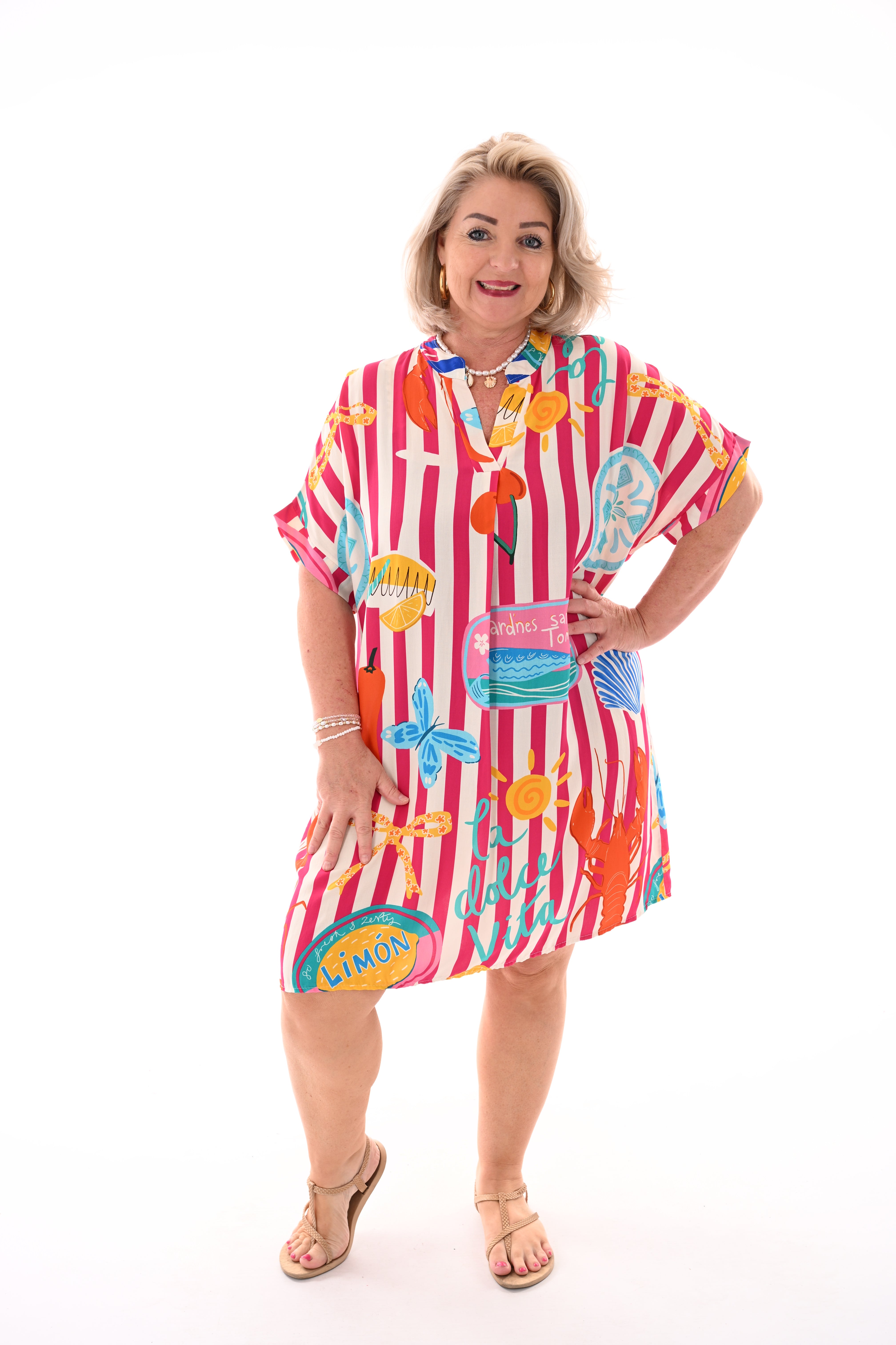 Tuniek v-hals print fuchsia/roomwit