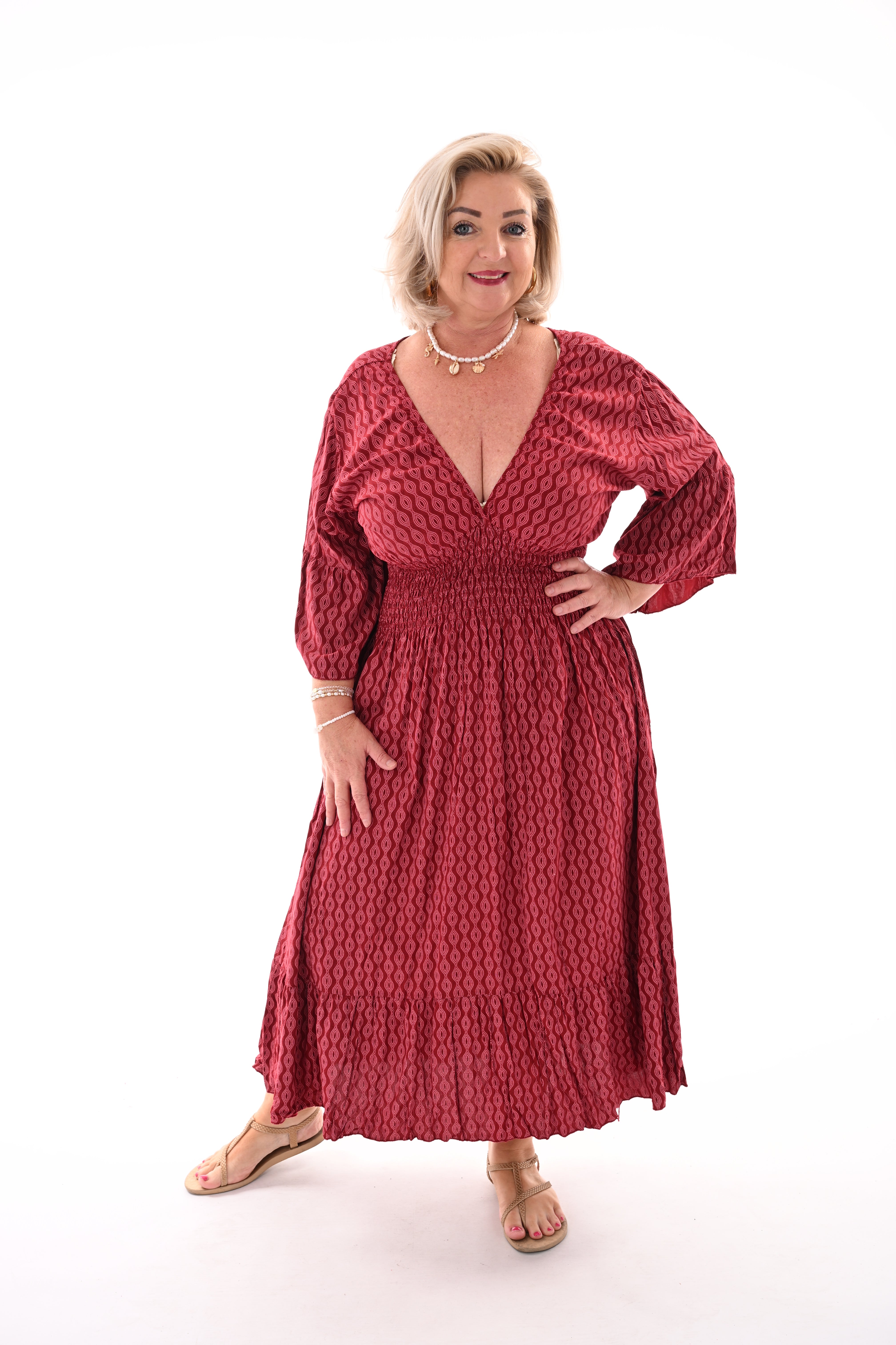 Midi jurk v-hals wave patroon bordeaux