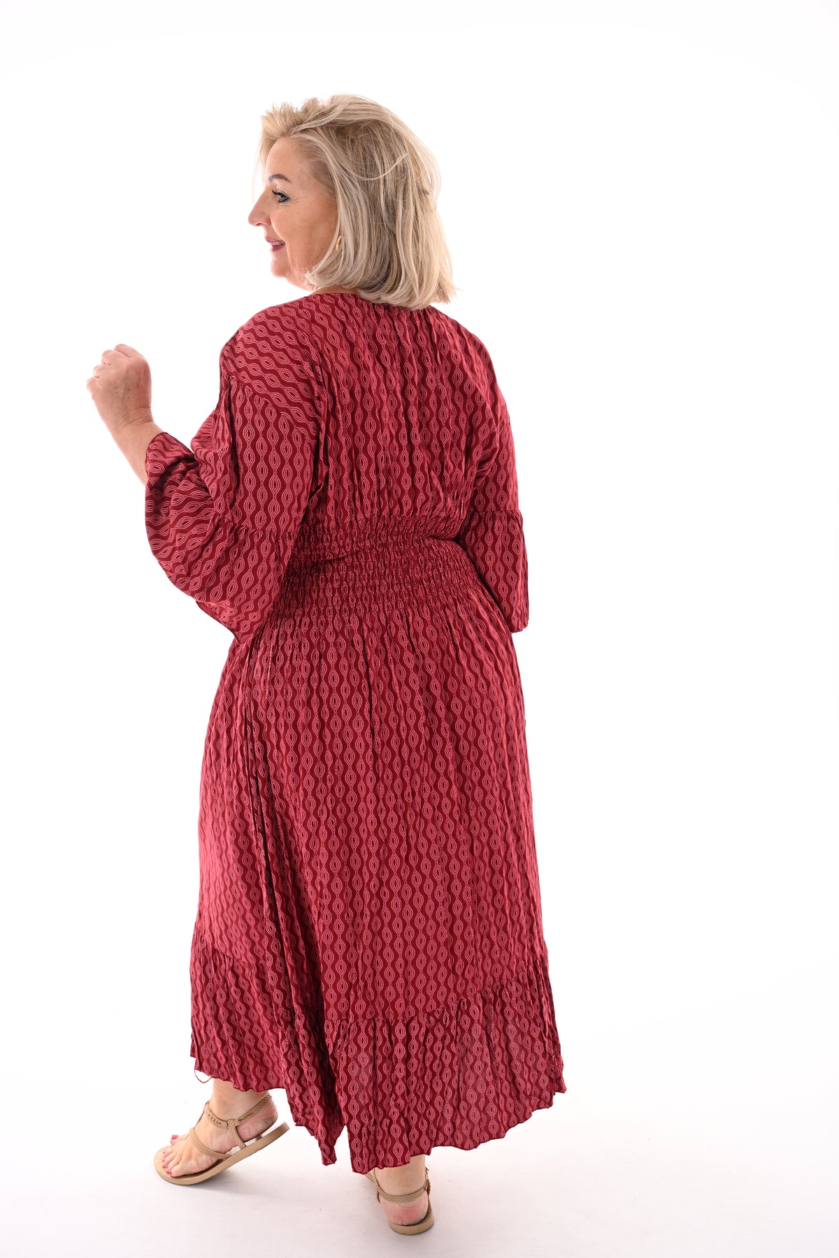 Midi jurk v-hals wave patroon bordeaux