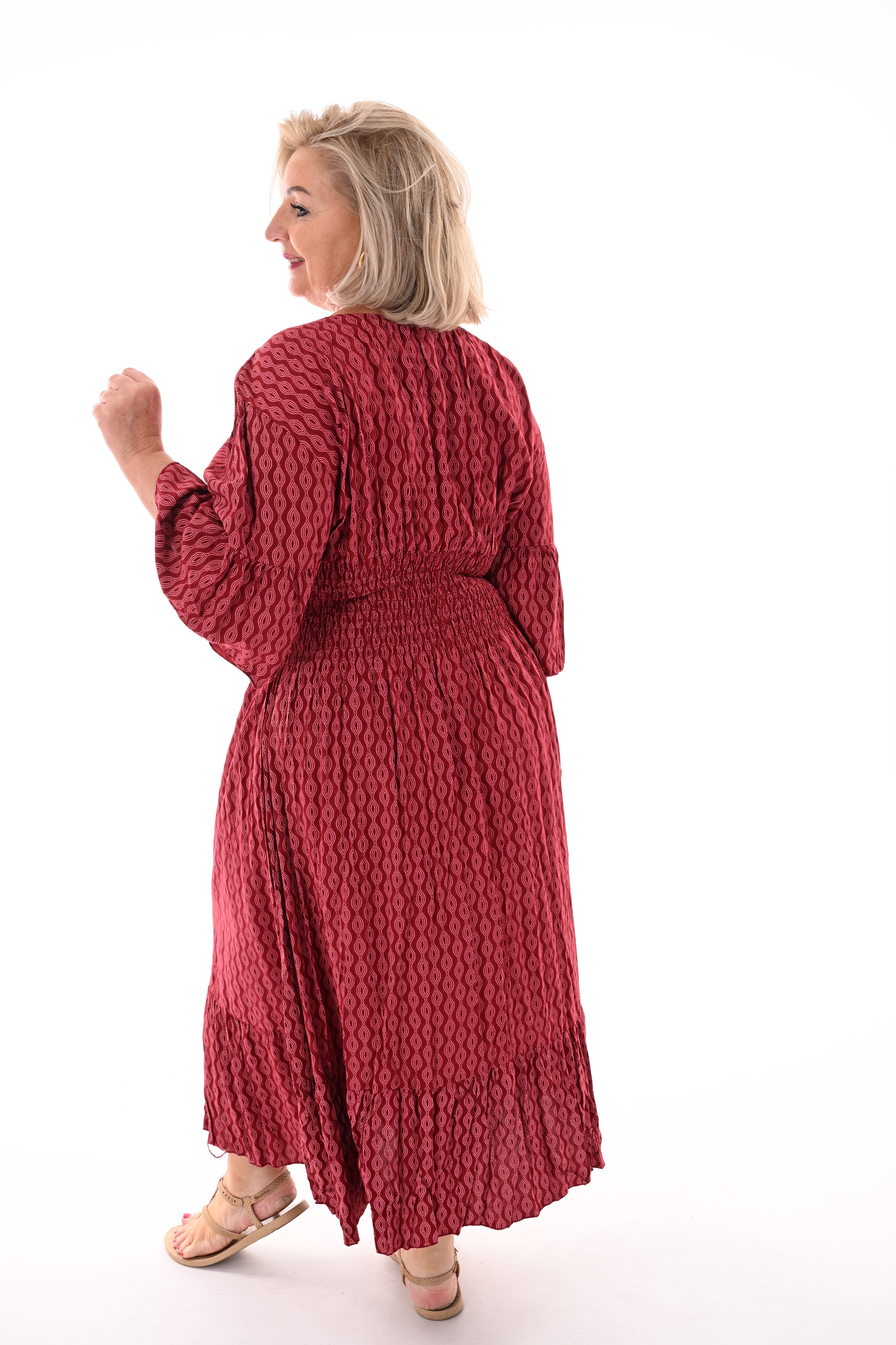 Midi jurk v-hals wave patroon bordeaux