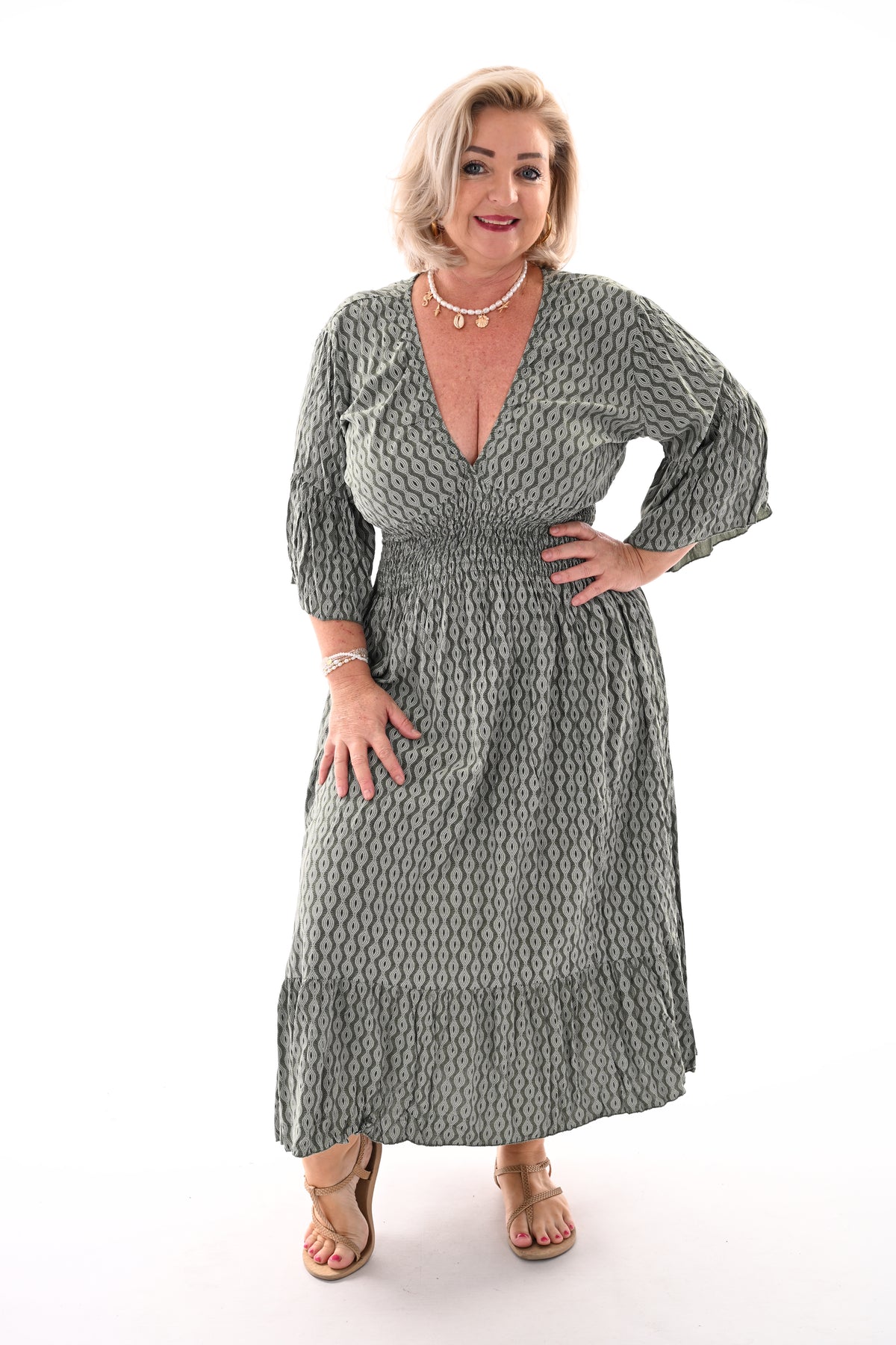 Midi jurk v-hals wave patroon legergroen