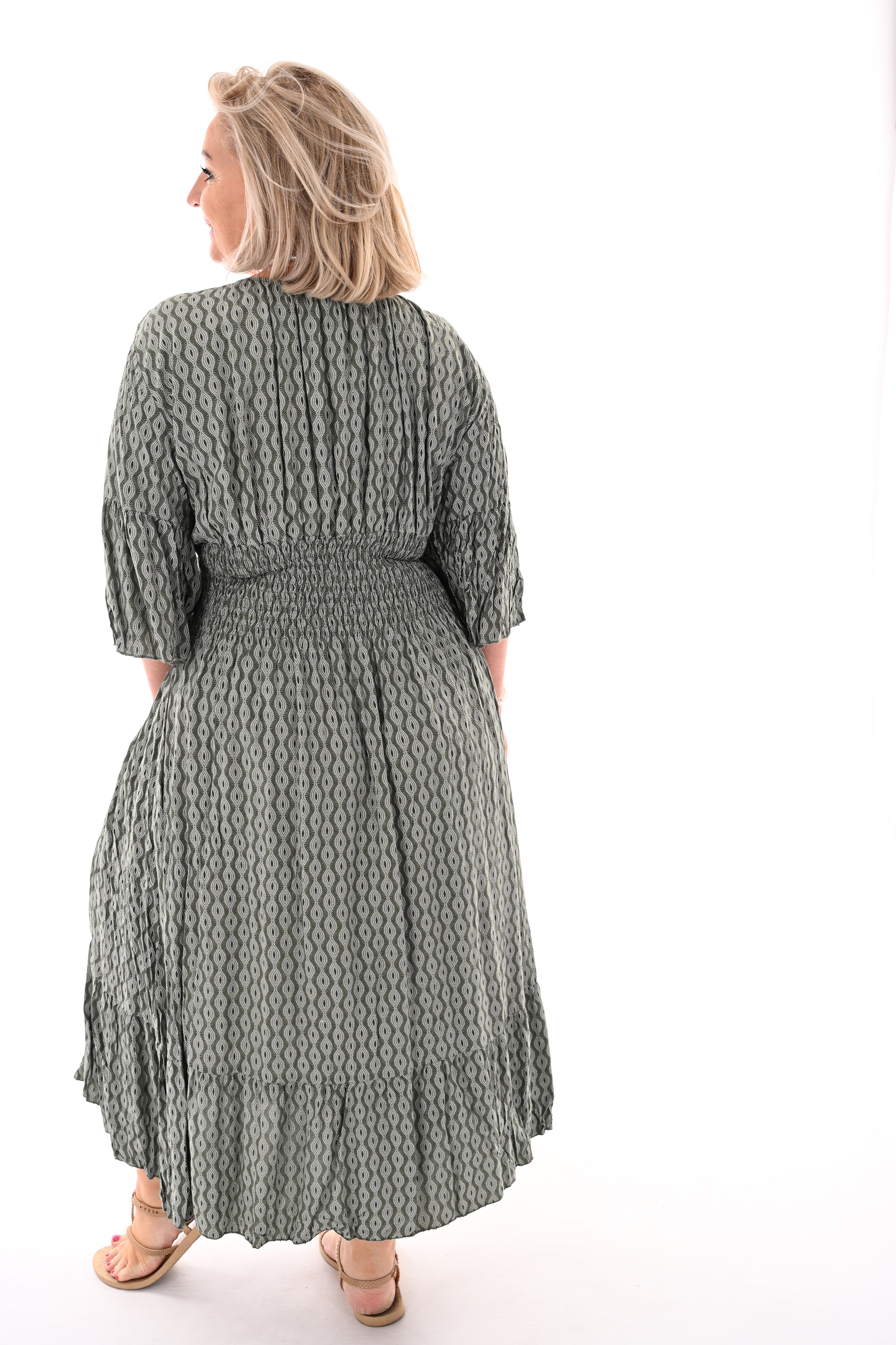 Midi jurk v-hals wave patroon legergroen