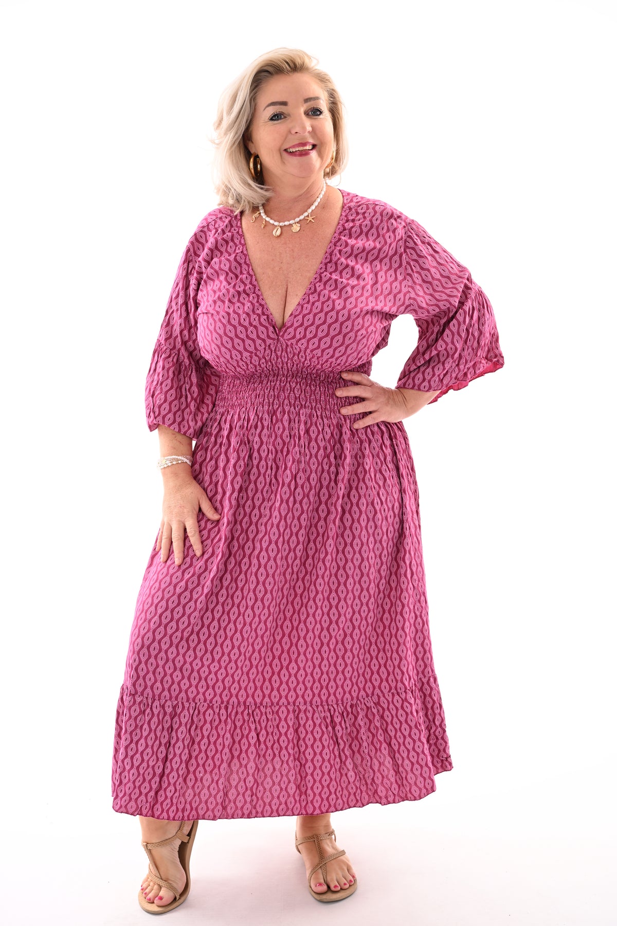 Midi jurk v-hals wave patroon magenta