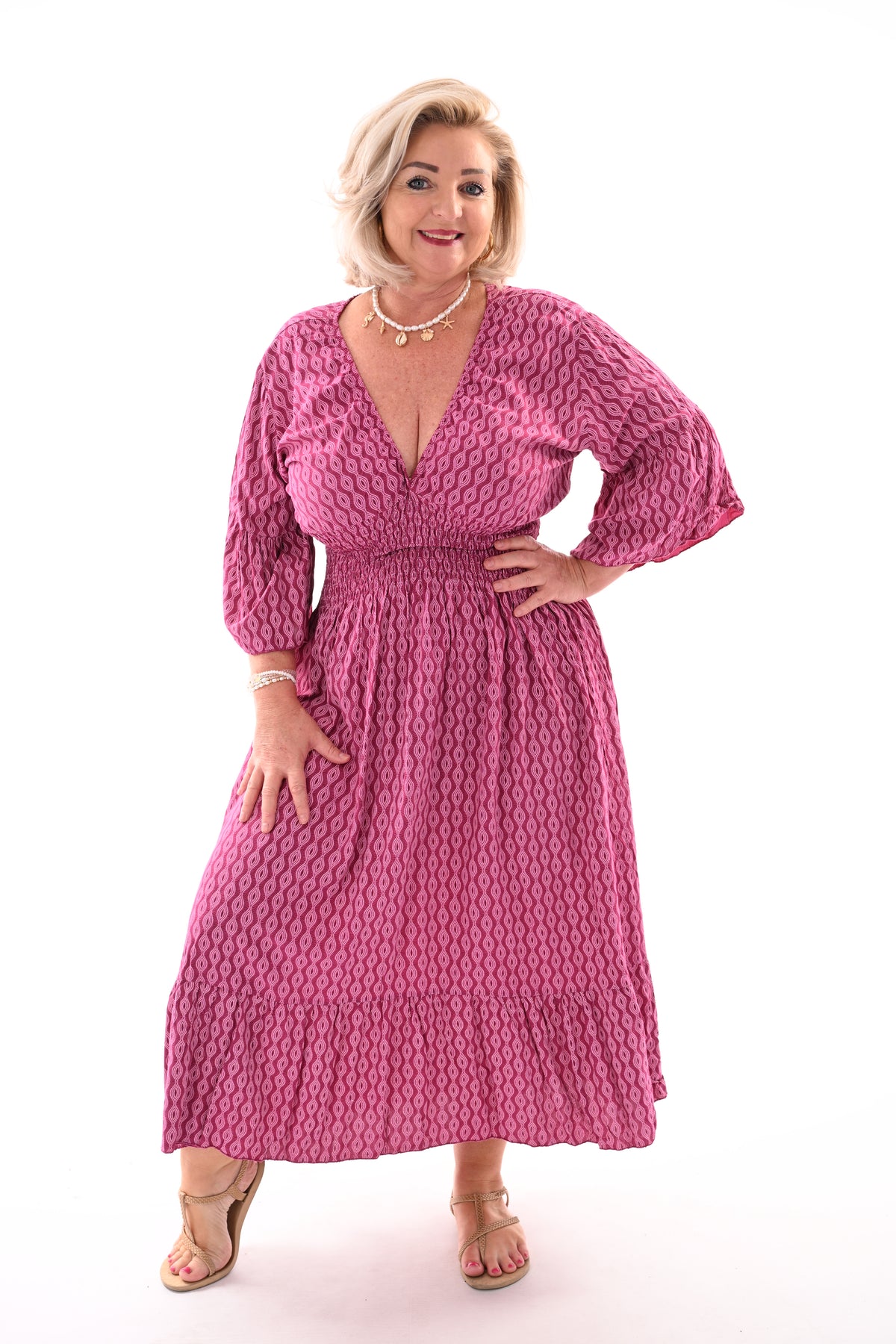 Midi jurk v-hals wave patroon magenta