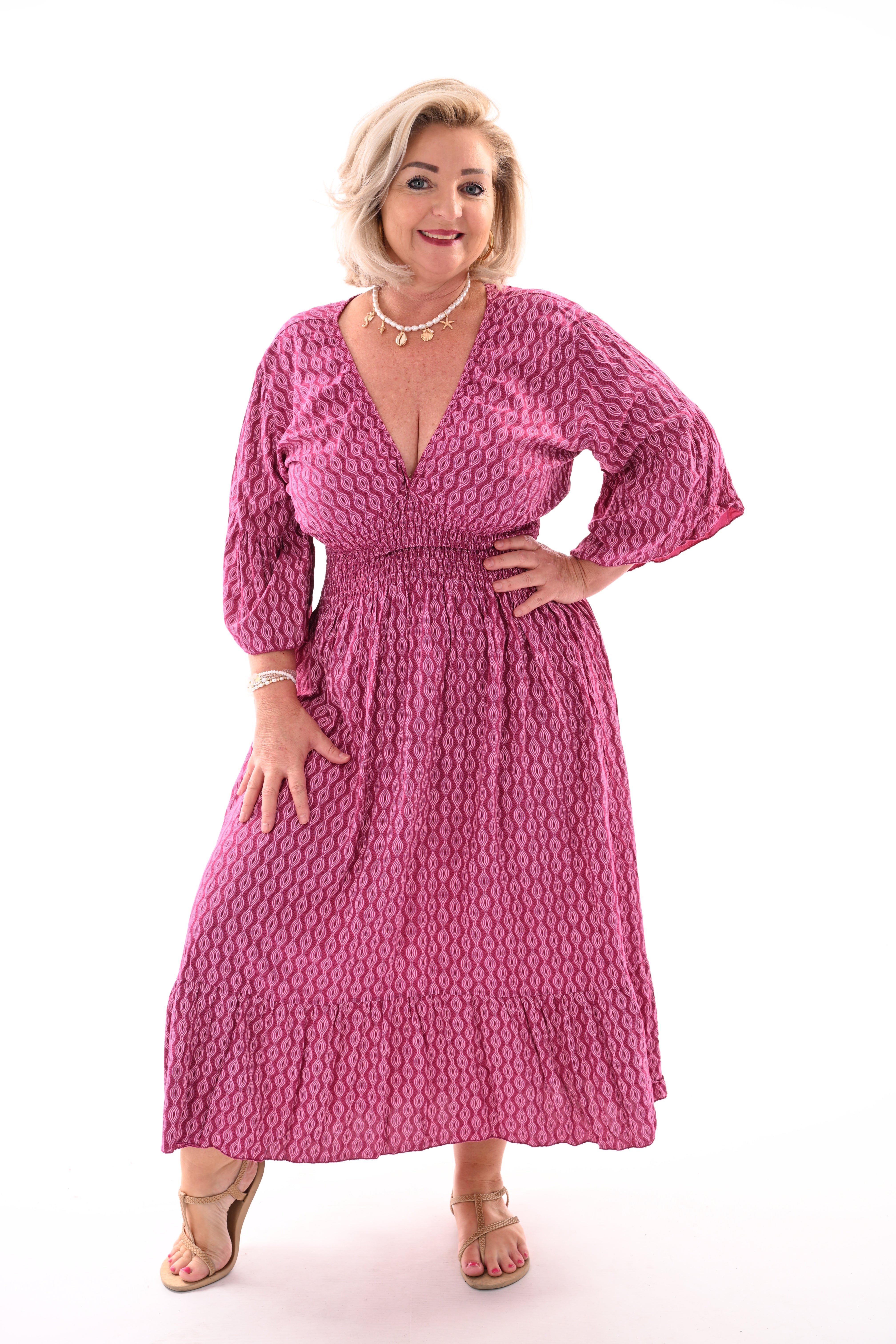 Midi jurk v-hals wave patroon magenta