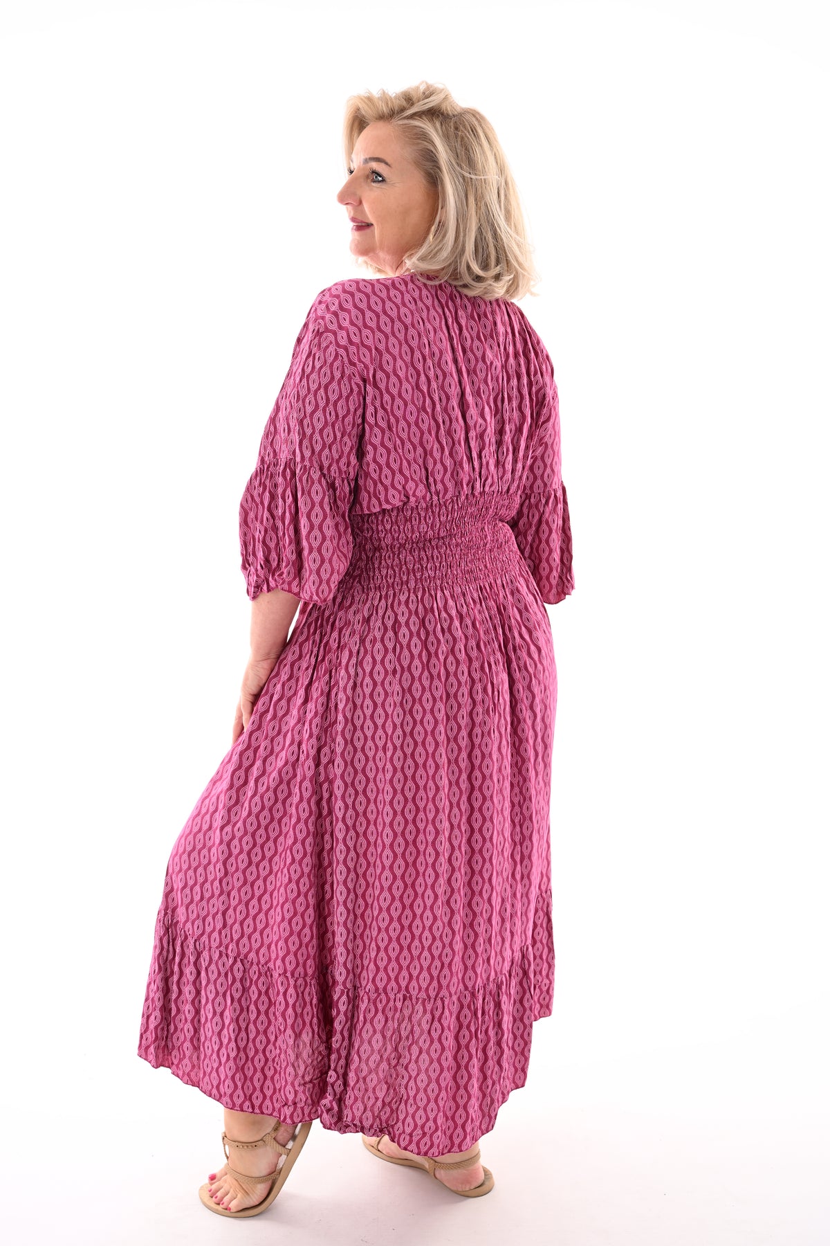 Midi jurk v-hals wave patroon magenta