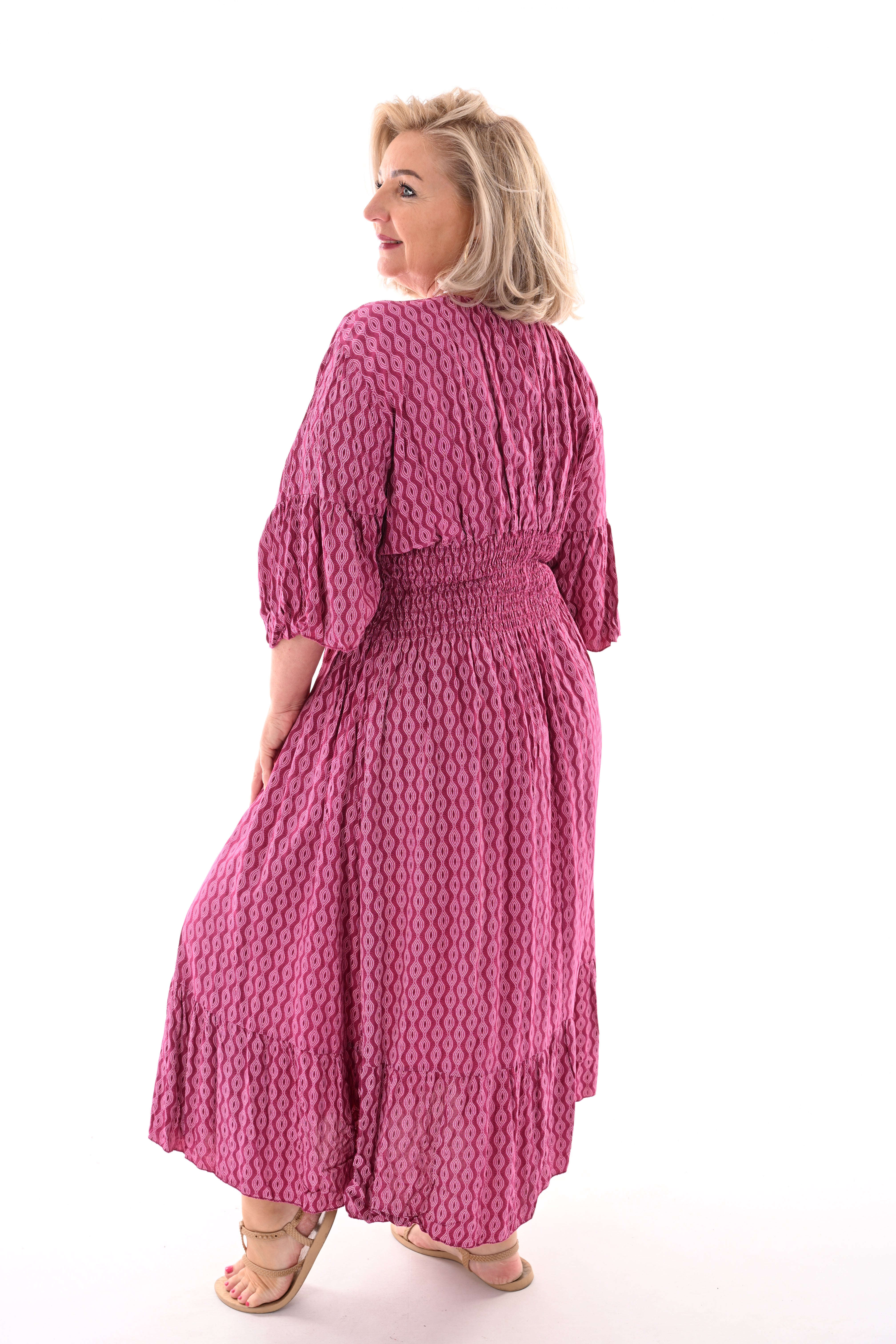 Midi jurk v-hals wave patroon magenta